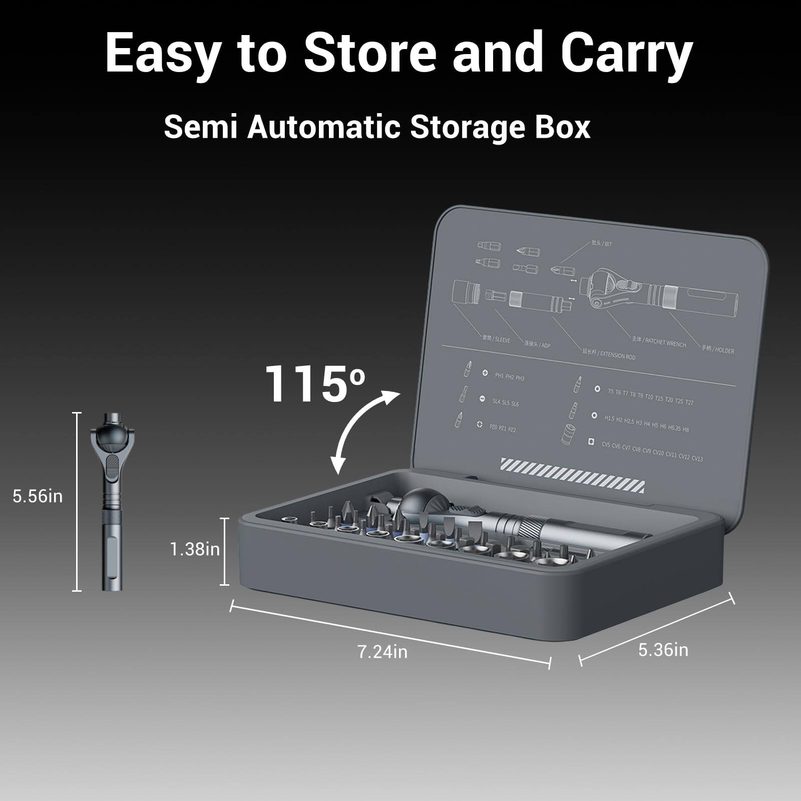 Easy to Store and Carry  
Semi Automatic Storage Box  

115°  

5.56in  
1.38in  
7.24in  
5.36in