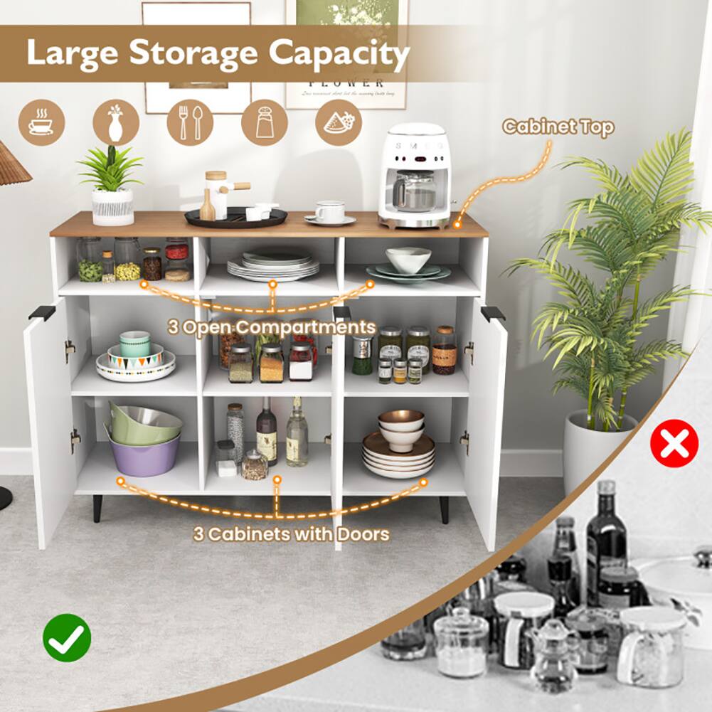Large Storage Capacity  
- Cabinet Top  
- 3 Open Compartments  
- 3 Cabinets with Doors