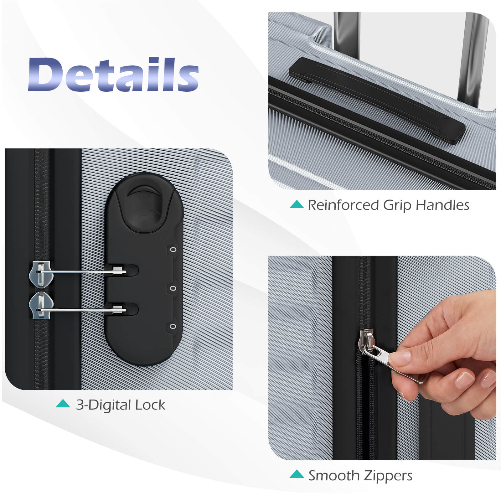 Details  
- Reinforced Grip Handles  
- 3-Digital Lock  
- Smooth Zippers