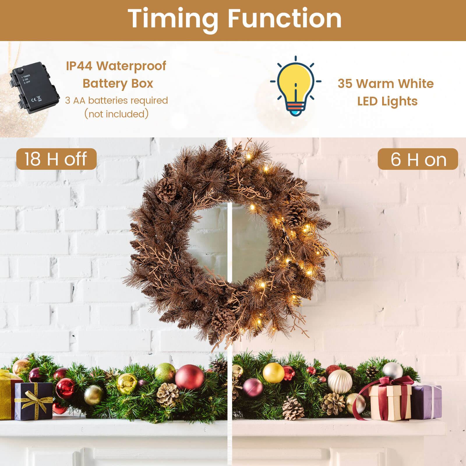 Timing Function

IP44 Waterproof Battery Box  
3 AA batteries required (not included)  
35 Warm White LED Lights  
18 H off  
6 H on