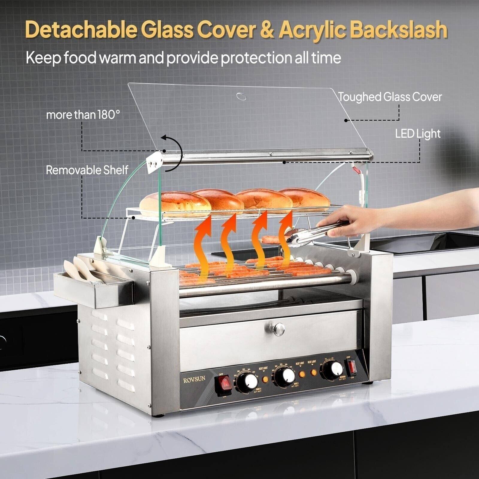 Detachable Glass Cover & Acrylic Backslash  
Keep food warm and provide protection all time  

- Toughed Glass Cover  
- LED Light  
- Removable Shelf  
- more than 180°