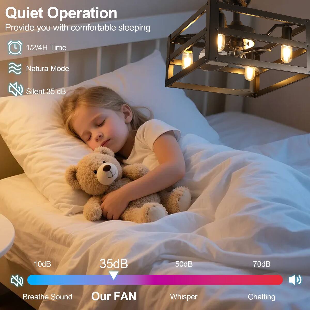 Quiet Operation  
Provide you with comfortable sleeping  

1/2/4H Time  
Natura Mode  
Silent 35 dB  

10dB  
35dB  
50dB  
70dB  

Breathe Sound  
Our FAN  
Whisper  
Chatting