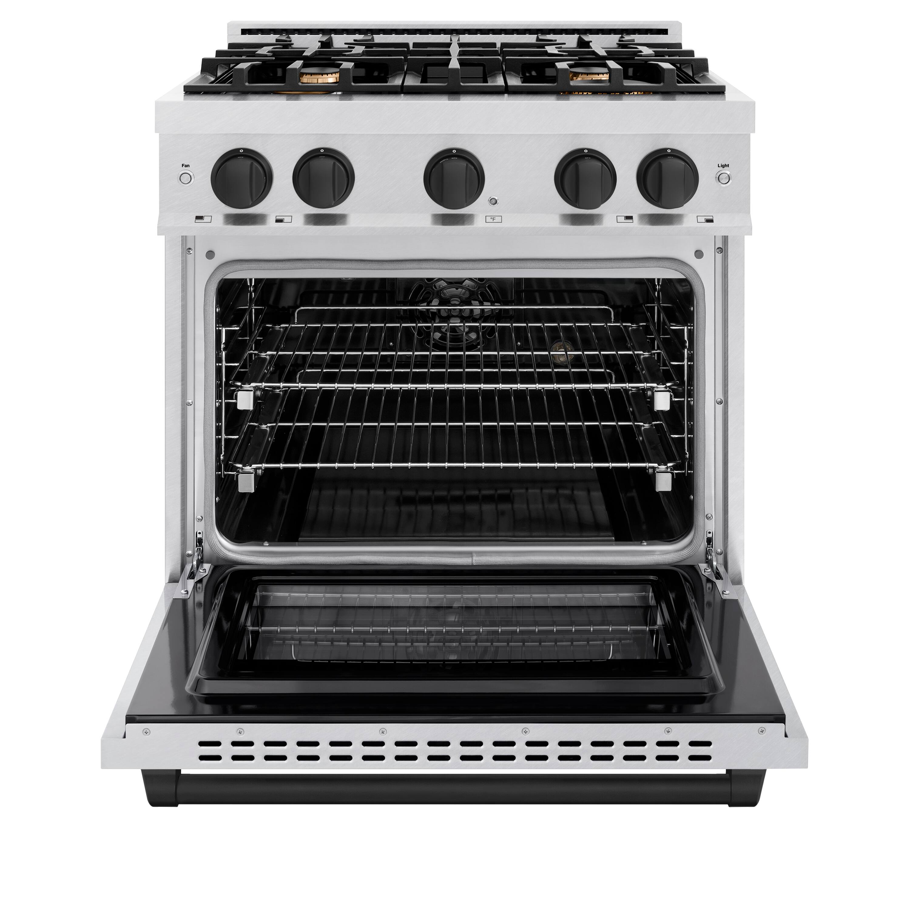 Left. ZLINE - ZLINE Autograph 30 in. Select Dual Fuel Satin Steel Range w/ 4 Burners & Black Accents (HDRSZ-30-MB) - Stainless Steel.