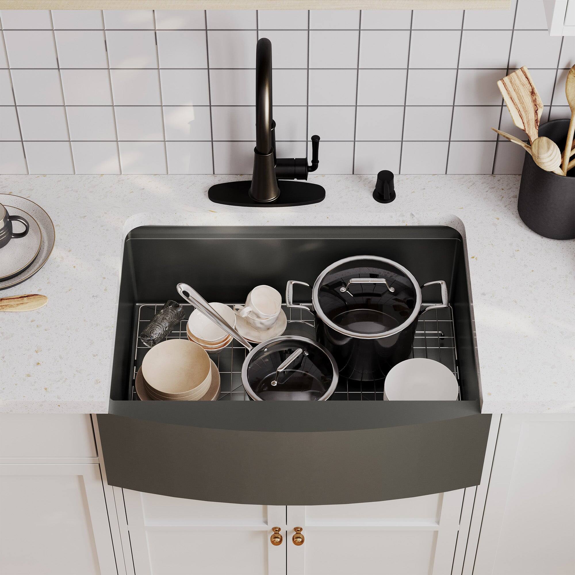 Alt View 4. Boyel Living - 30 in. Farmhouse/Apron-Front Single Bowl Black 18-Gauge Stainless Steel Kitchen Sink with Drain and Accessories - Silver.