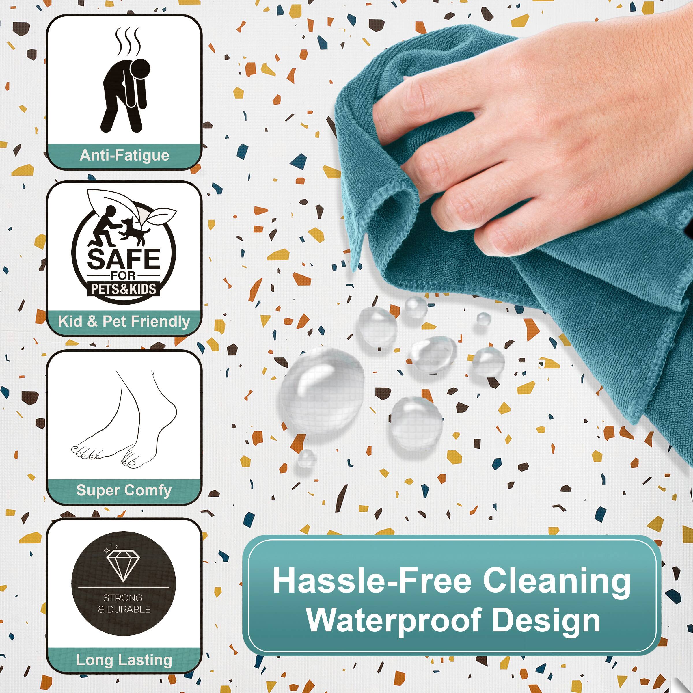 Anti-Fatigue  
SAFE FOR PETS & KIDS  
Kid & Pet Friendly  
Super Comfy  
STRONG & DURABLE  
Long Lasting  
Hassle-Free Cleaning Waterproof Design