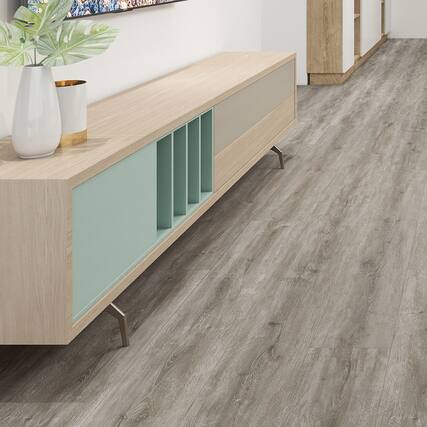 Front. Dotfloor - 62.6"x9" SPC Composite Flooring; 5 Planks/Box (19.56 sq. ft/Box); 8mm Thick with ; 30 mil Wear Layer; - White Stone.