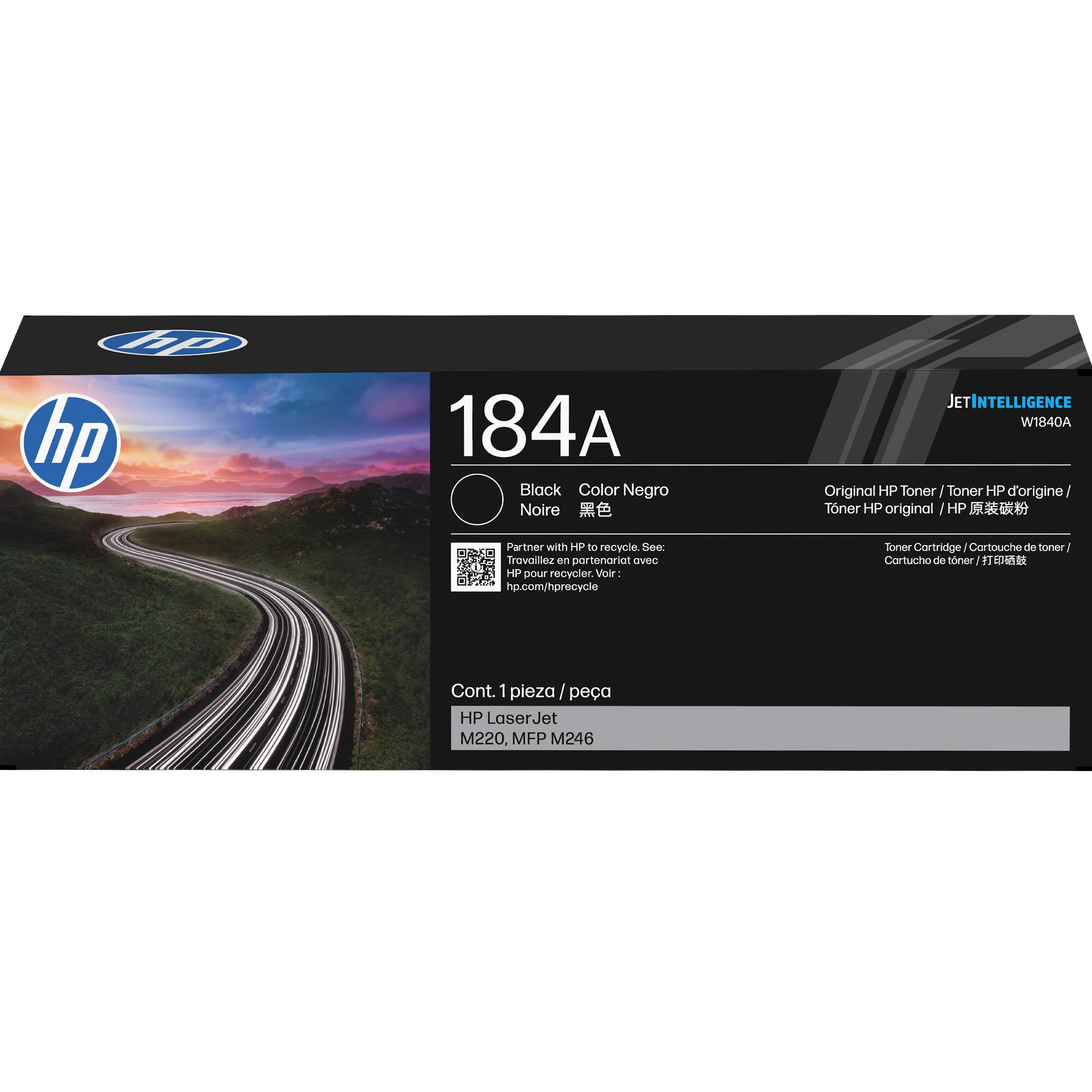 hp hp  
184A Black Color Negro Noire  
JETINTELLIGENCE W1840A Original HP Toner Toner HP d'origine Toner HP original HP  
Partner with HP to recycle. See: Travaillez en partenariat avec HP pour recycler. Voir hp.com/hprecycle  
Toner Cartridge Cartouche de toner Cartucho de toner  
Cont. 1 pieza pea HP LaserJet M220, MFP M246