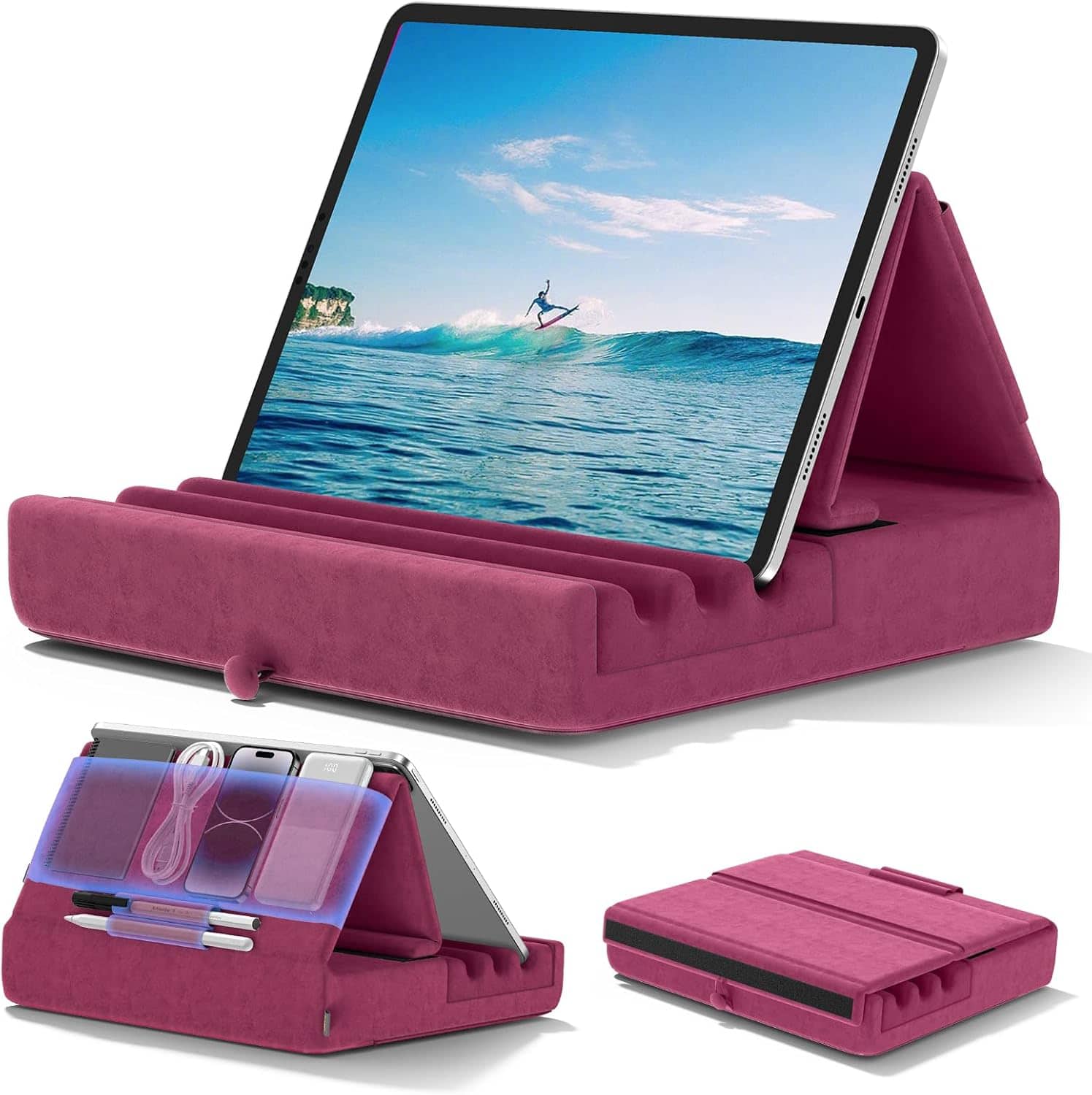 FINEAK - Foldable Tablet Pillow Stand-Lap, Bed & Desk Comfort with Pockets - Purple