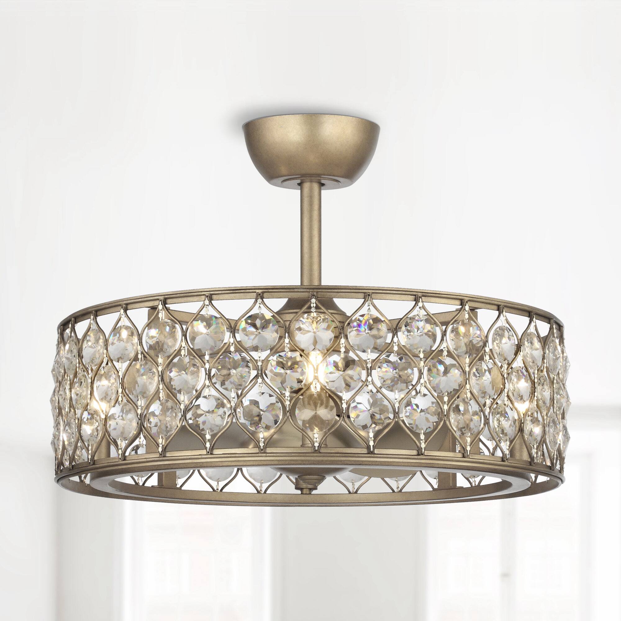 Front. Parrot Uncle - 25" Modern Crystal Chandelier Ceiling Fan with Remote Control and Light Kits - Gold.