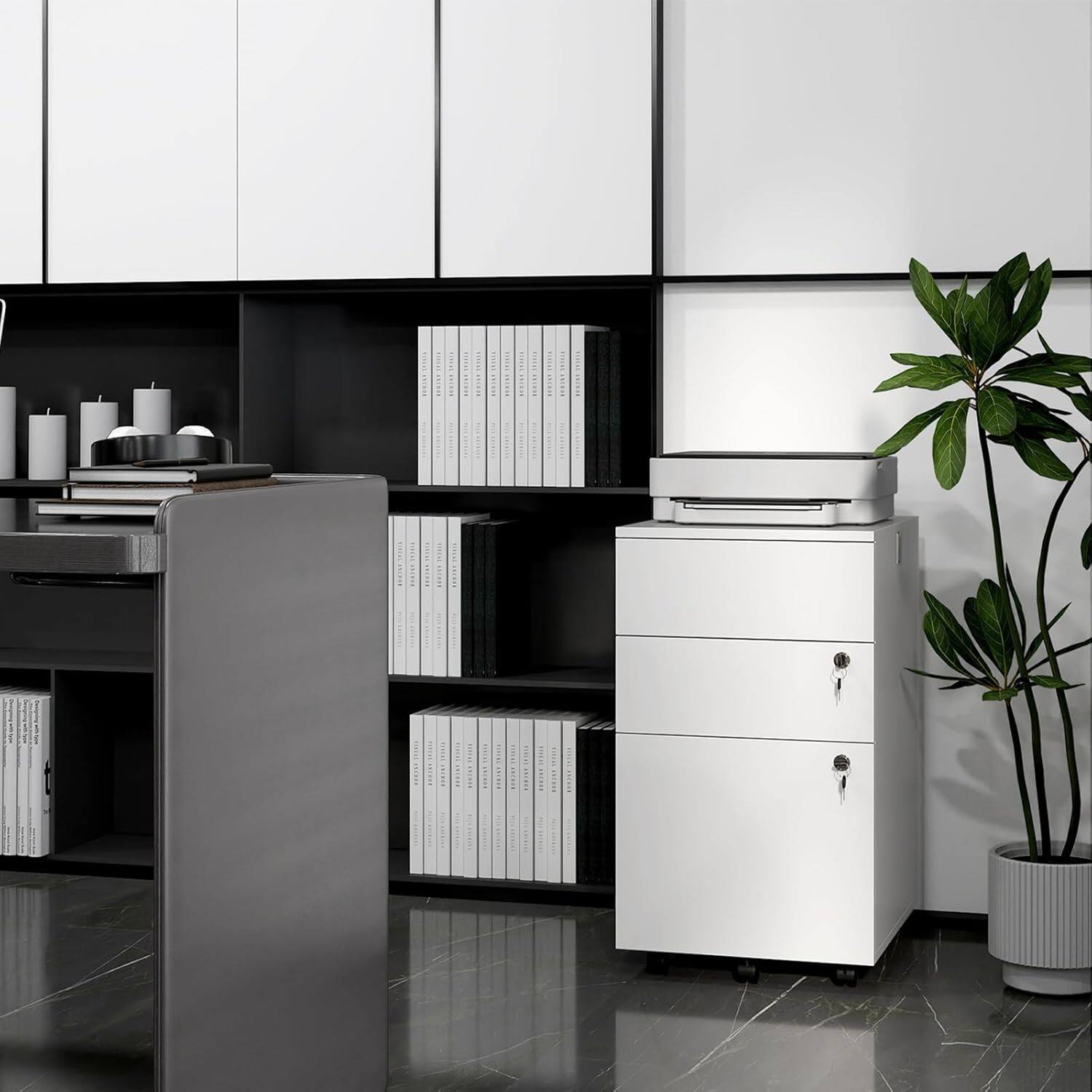Alt View 4. Costway - Costway Mobile File Cabinet with 3 Drawers, Wooden Rolling Filing Cabinet with Lock - White.