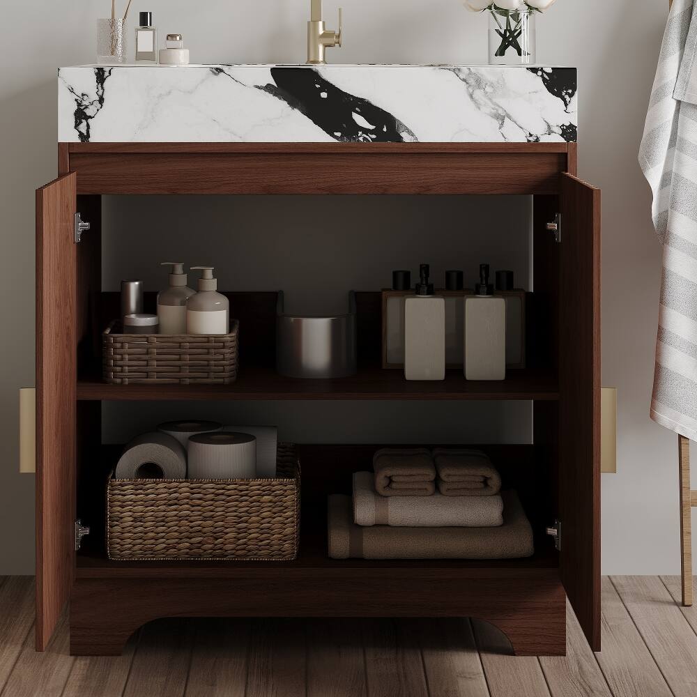 Left. Loheer - Loheer 30 inch freestanding bathroom vanity Walnut Plywood Cabinet Sintered Stone Top - Walnut, White.