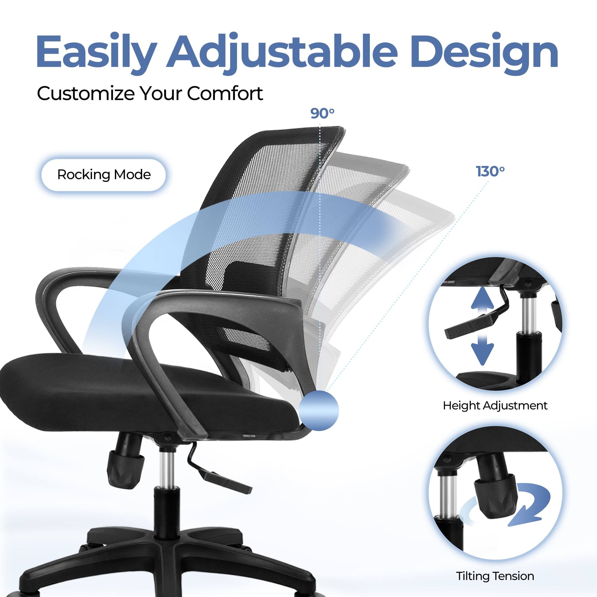 Easily Adjustable Design  
Customize Your Comfort  

- Rocking Mode  
- 90°  
- 130° Height Adjustment  
- Tilting Tension