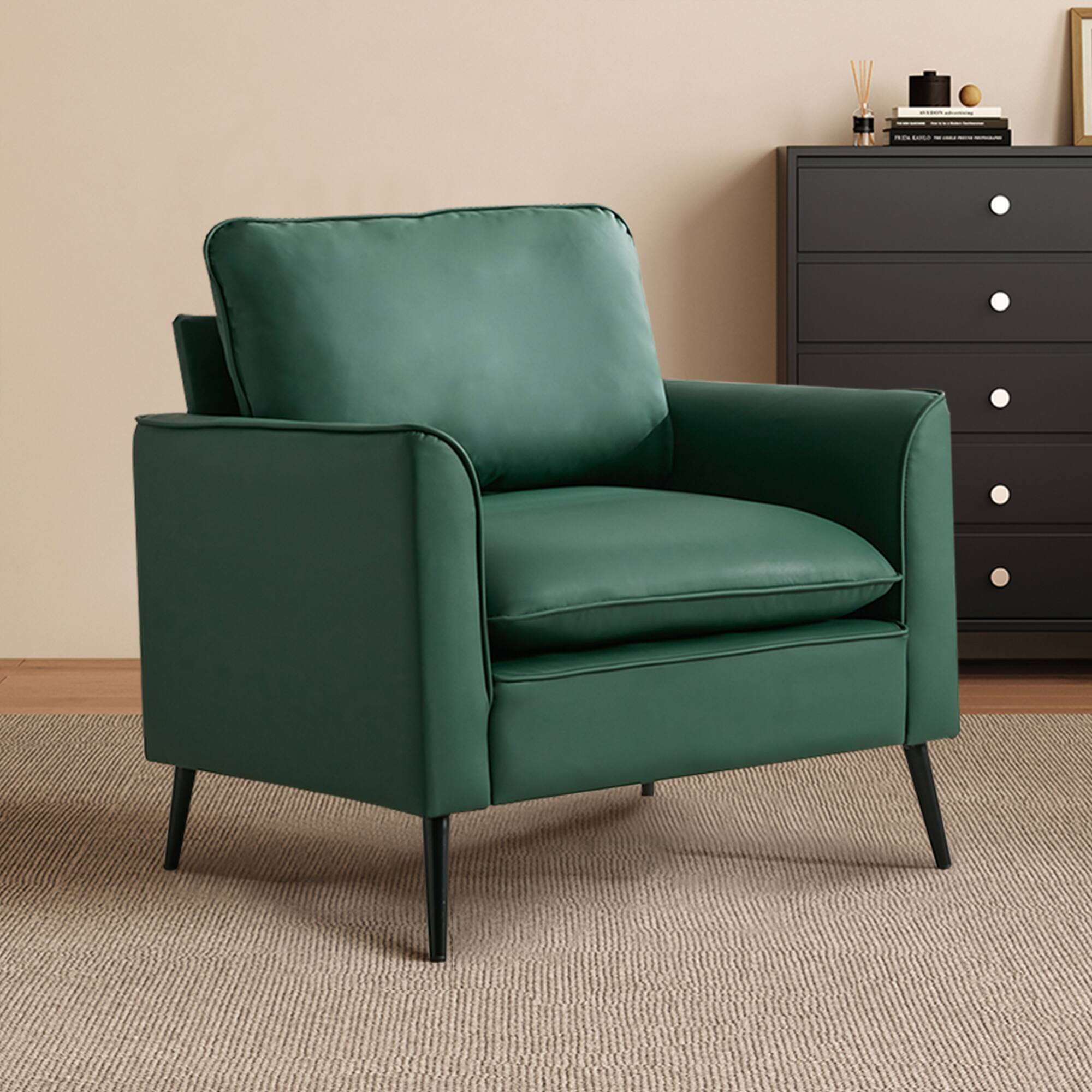 Alt View 2. GOODSILO - Nordic Retro Light Luxury Leather Upholstered Sofa Chair for Living Room, Bedroom, or Balcony - Green.