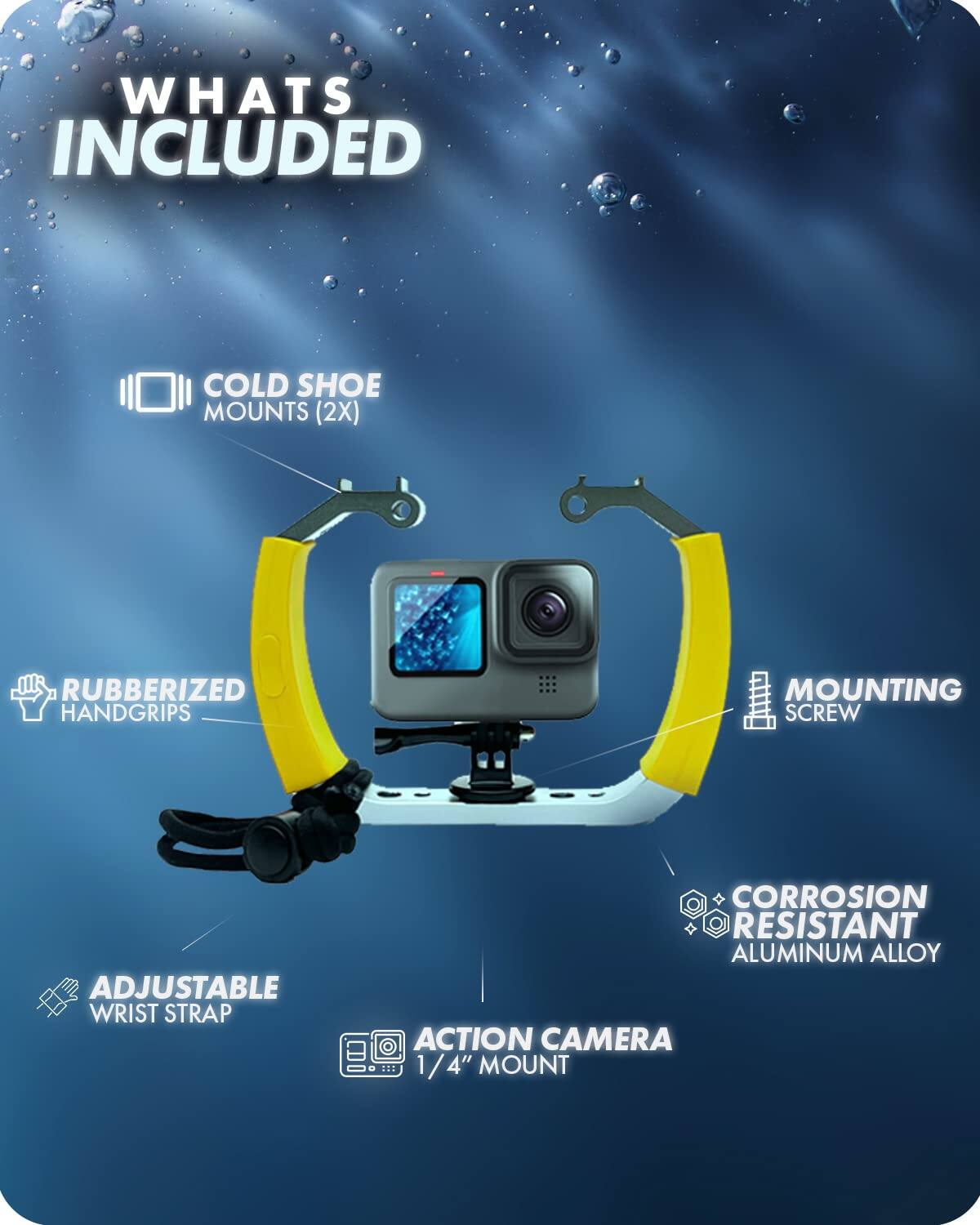 WHATS INCLUDED
COLD SHOE MOUNTS (2X)
RUBBERIZED HANDGRIPS
MOUNTING SCREW
ADJUSTABLE WRIST STRAP
CORROSION RESISTANT ALUMINUM ALLOY ACTION CAMERA 1/4" MOUNT