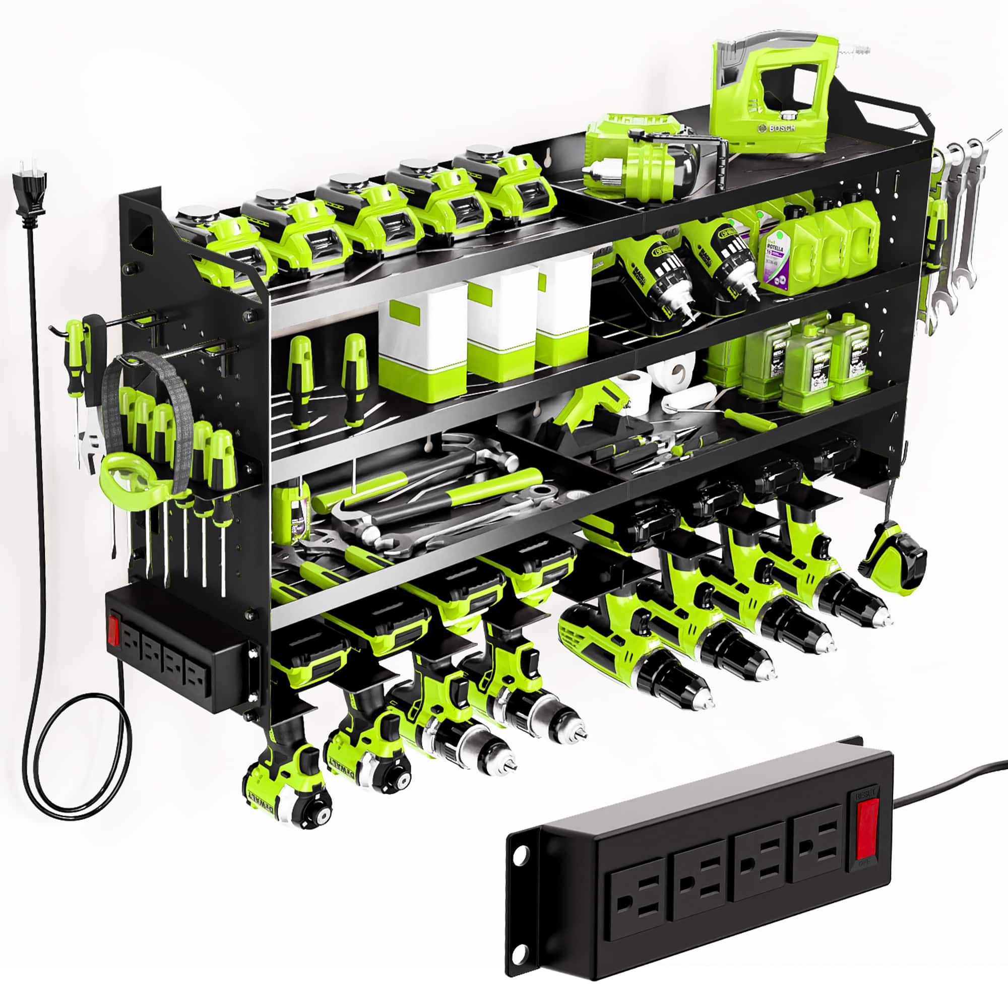 HAUSOURCE - 33.46 in. Black Steel 4-Tier Power Tool Organizer Wall Mount Tool Storage Rack Shelves Workbench with Side Pegboards - Black