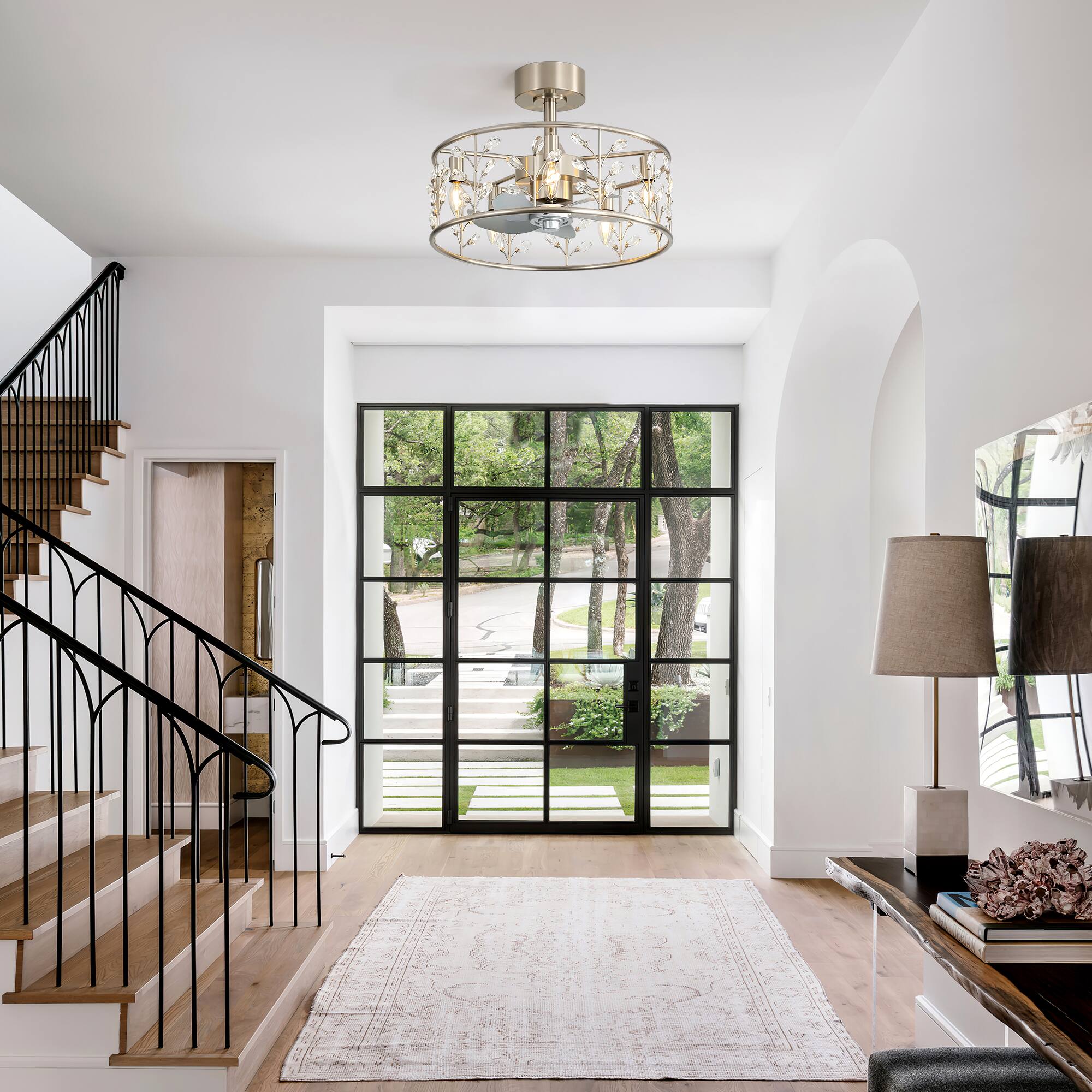 Alt View 1. Breezary - 20-Inch Cage Ceiling Fan with 5-Light Fixture, Crystal Accents, 5 ABS Blades, DC Motor, 6 Speeds and Remote Control - Satin Nickel and Silver.