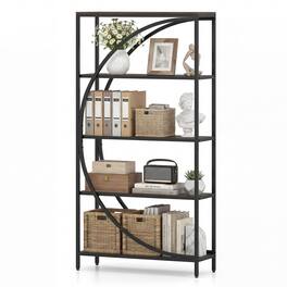 Costway - 5-Tier Bookshelf, 65" Tall Industrial Etagere Bookcase with Half-Moon Shape - Rustic Brown + Black