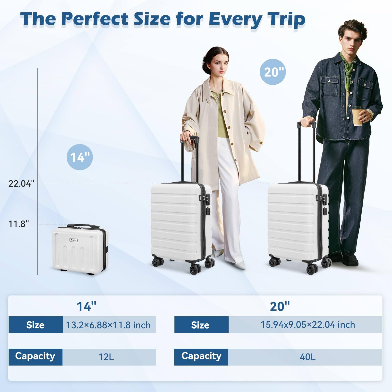 The Perfect Size for Every Trip

14"
Size: 13.2x6.88x11.8 inch
Capacity: 12L

20"
Size: 15.94x9.05x22.04 inch
Capacity: 40L