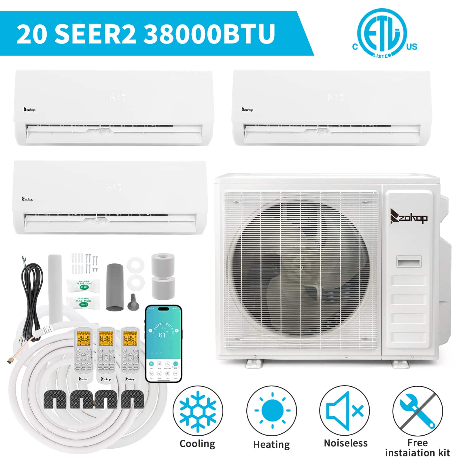 Winado - 38000 BTU 3-Zone Mini Split Air Conditioner/Heat Pump System, 20 SEER2 with Pre-Charged Condenser (9K+9K+18K BTU) Units - White