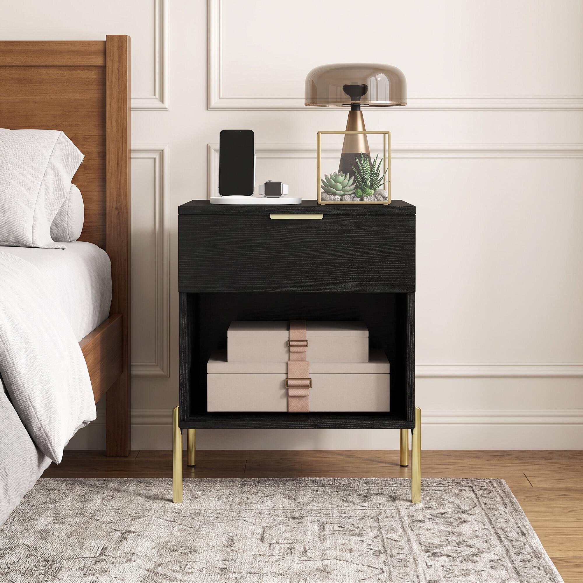 Alt View 4. WELLFOR - Modern Nightstand with Charging Station - Black.