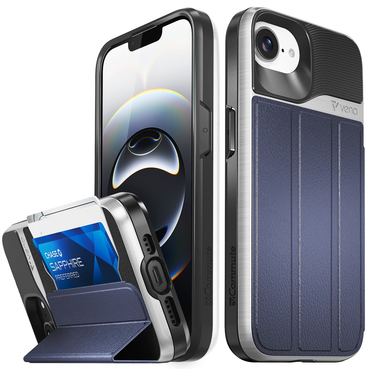 Vena - vCommute for Apple iPhone 16e Case, Wallet Case, Leather Flip Cover with Card Slot and Kickstand, [Military Grade] - Blue