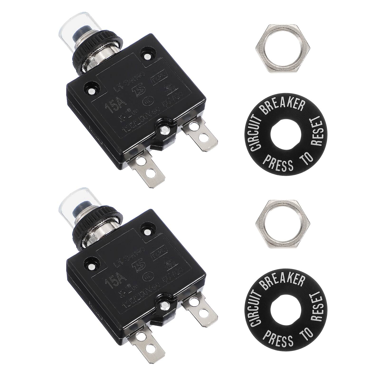Unique Bargains - 2pcs 15A Push Circuit Breaker, 125/250V AC,50V DC, Manual Reset Thermal Overload Protector with Waterproof Caps - Black price history on PriceWatchPro