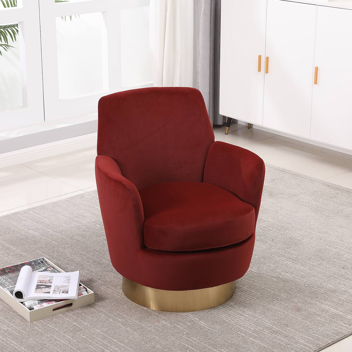 Back. Trinkets Crazed - Swivel Barrel Chair,Modern Comfy Velvet Upholstered Round Swivel Accent Chairst,360 Degree Single Sofa Chair Armchair - Red.
