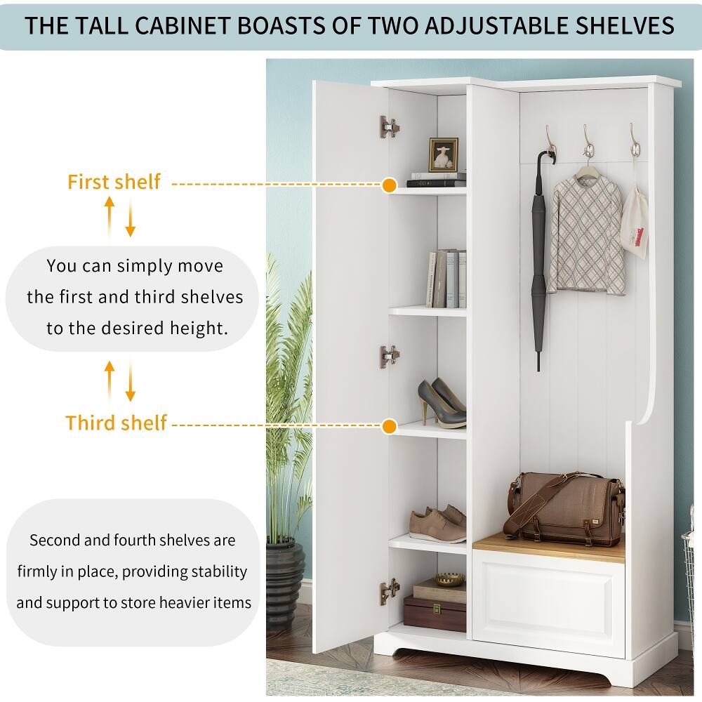 THE TALL CABINET BOASTS OF TWO ADJUSTABLE SHELVES

First shelf
You can simply move the first and third shelves to the desired height.

Third shelf
Second and fourth shelves are firmly in place, providing stability and support to store heavier items