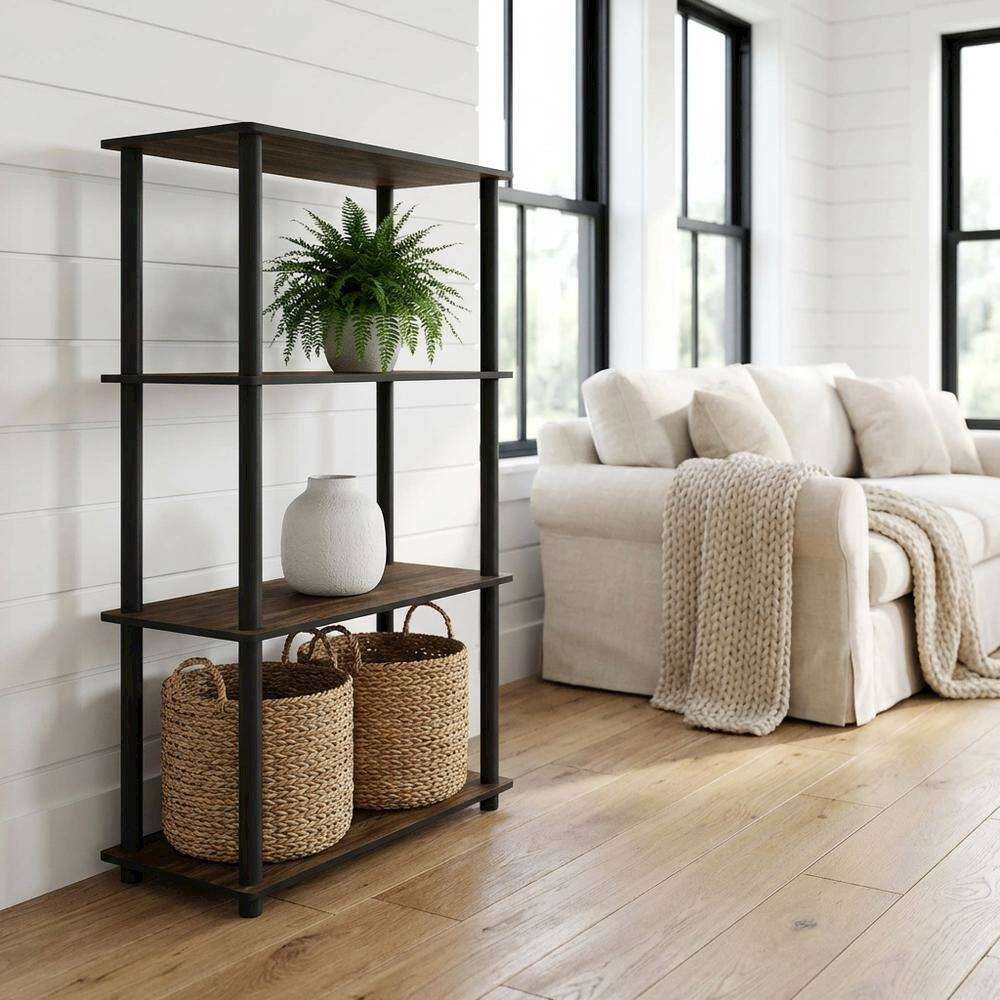Angle. FurniFact - Wood bookcase with open shelving for living room organization - Columbia Walnut/Black.