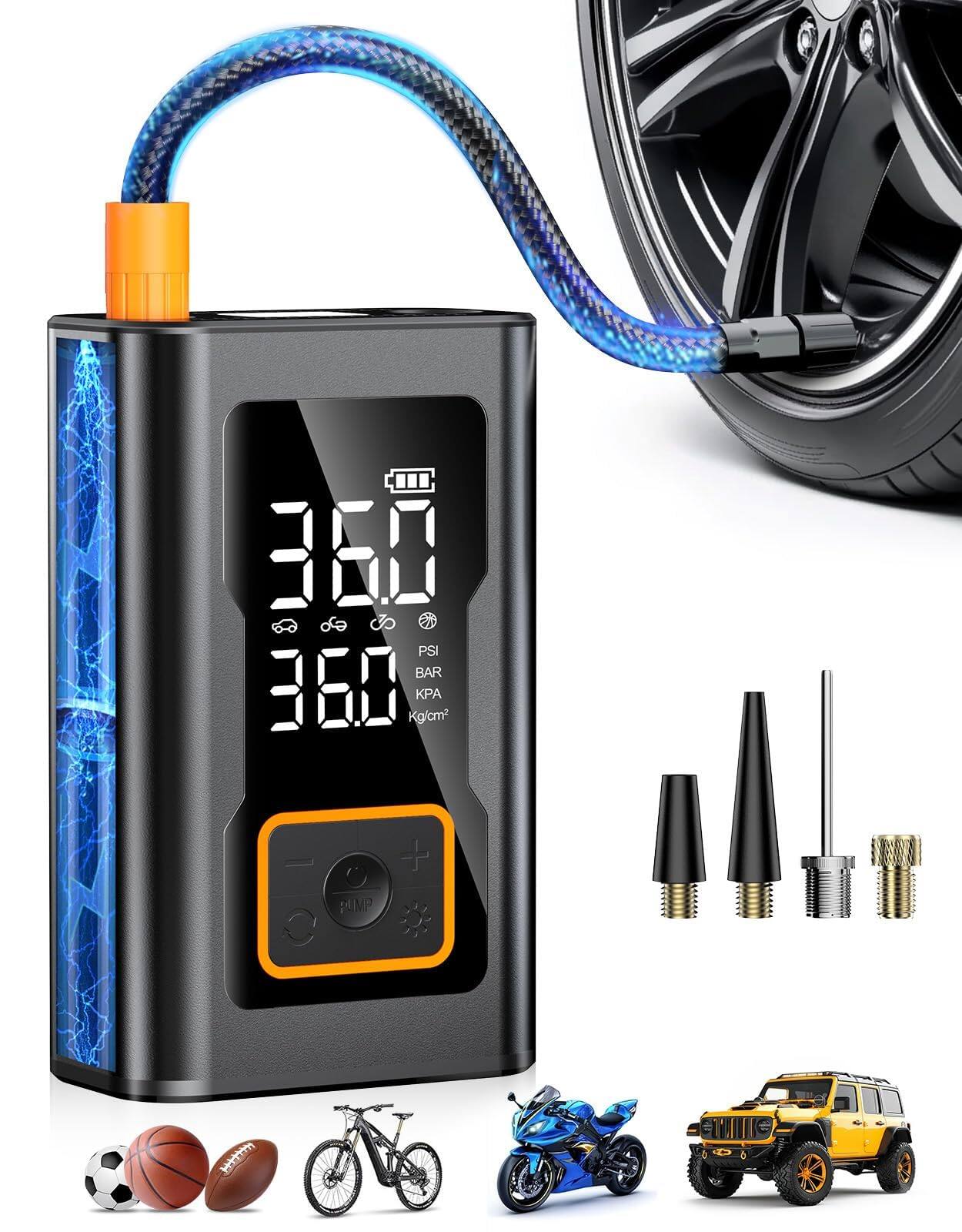 JETRANSPORT - Tire Inflator Portable Air Compressor For Car Compact Pump Tires Bicycle Rechargeable With Digital Gauge An - Default