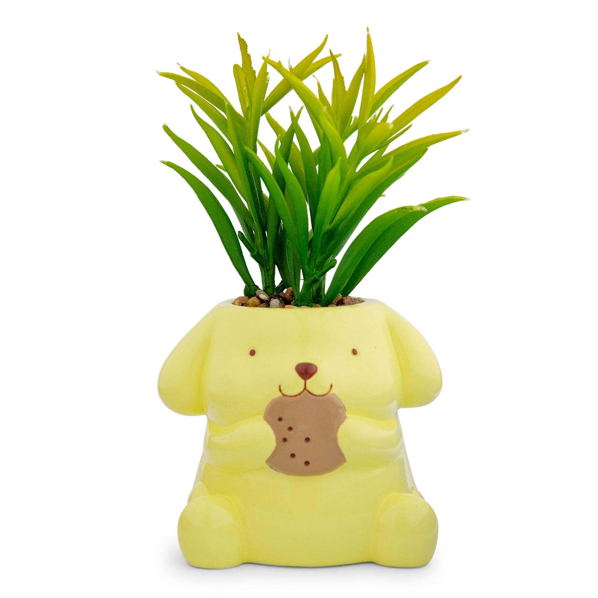 Front. Silver Buffalo - Sanrio Pompompurin 3-Inch Ceramic Mini Planter With Artificial Succulent - Brown.
