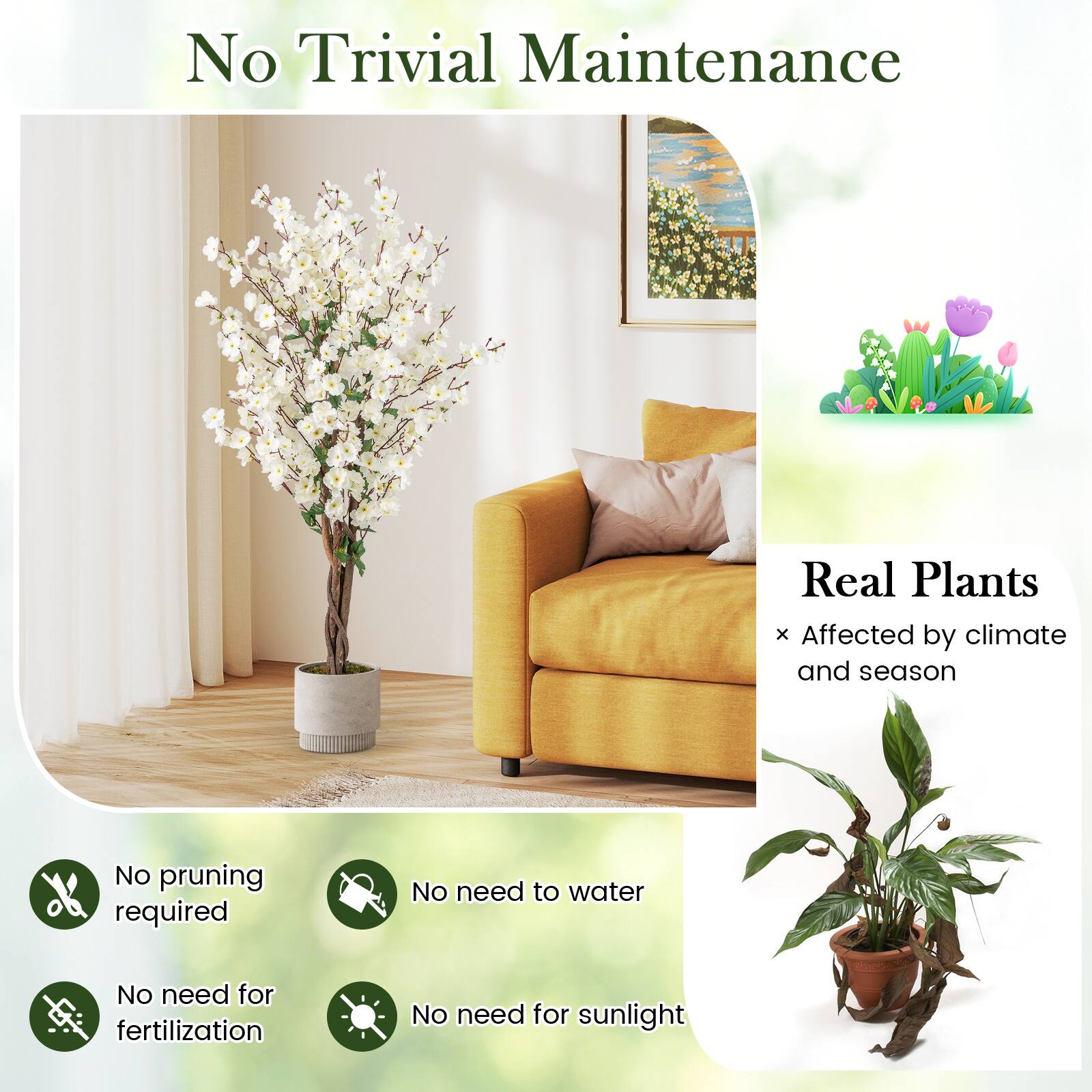 No Trivial Maintenance

Real Plants
- Affected by climate and season

- No pruning required
- No need to water
- No need for fertilization
- No need for sunlight