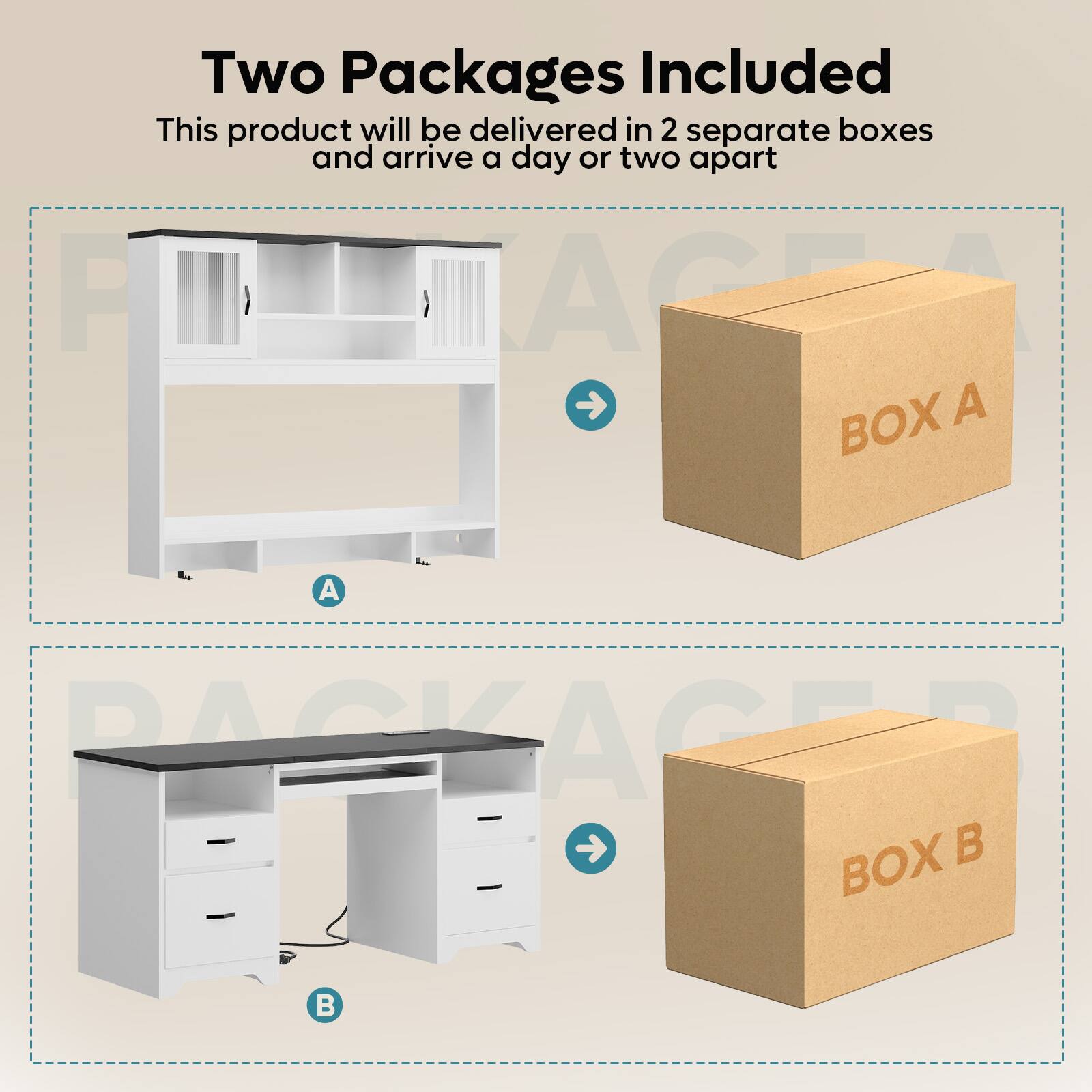 Two Packages Included  
This product will be delivered in 2 separate boxes and arrive a day or two apart  

BOX A  
BOX B