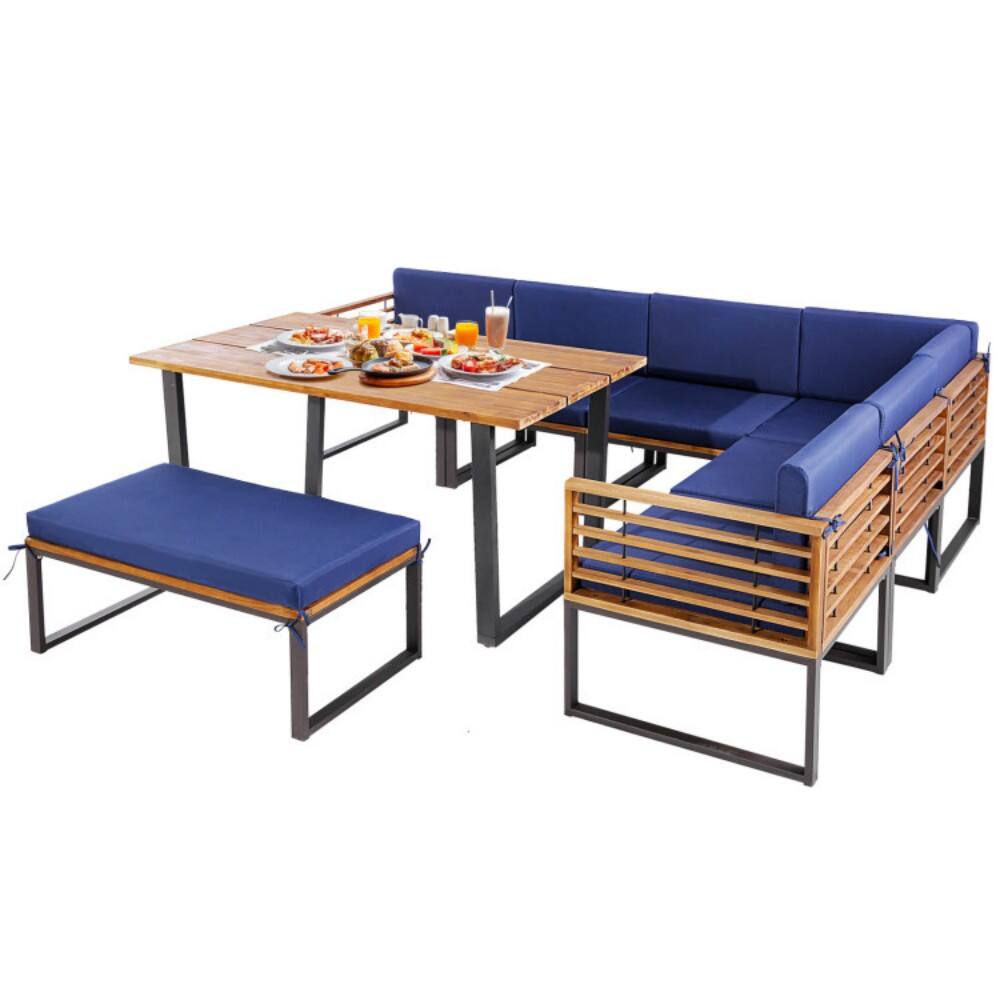 Front. Mondawe - 8 Pieces Patio Acacia Wood Dining Table Set with Ottoman Cushions - Navy.