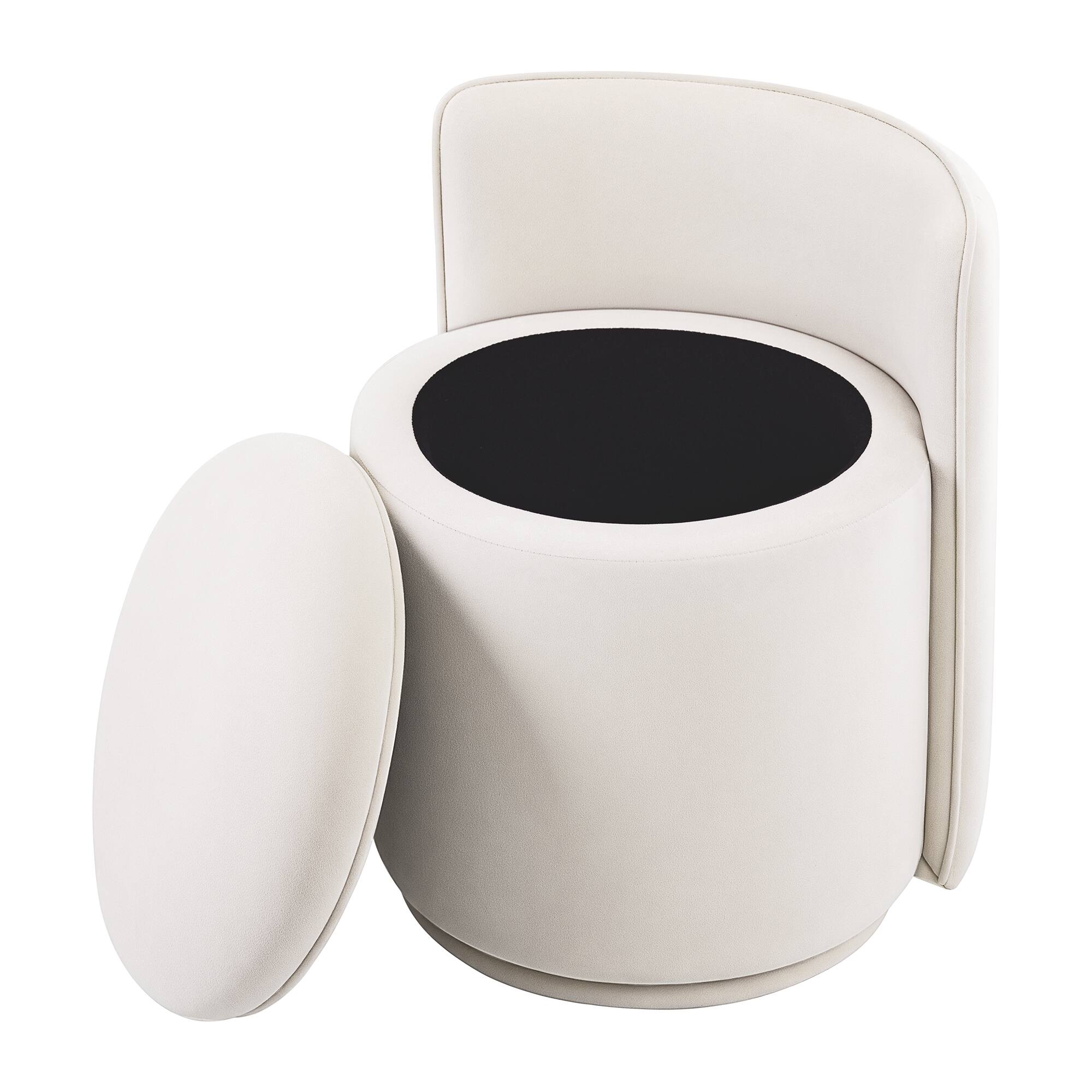 Angle. Brick Attic - Vanity Chair with Storage, Swivel Velvet Makeup Stool with Wave Backrest,Round Upholstered Closet Stool - White.