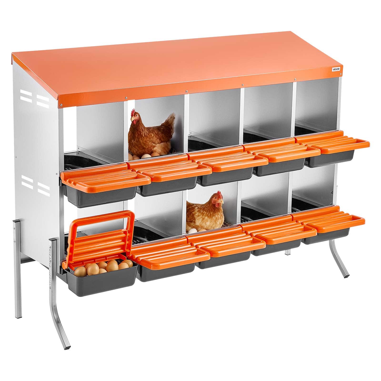 VEVOR - Chicken Nesting Boxes,10 Compartments, with Support Legs,Easy Egg Collection, Galvanized Steel and High-Strength Plastic - Orange + black + silver