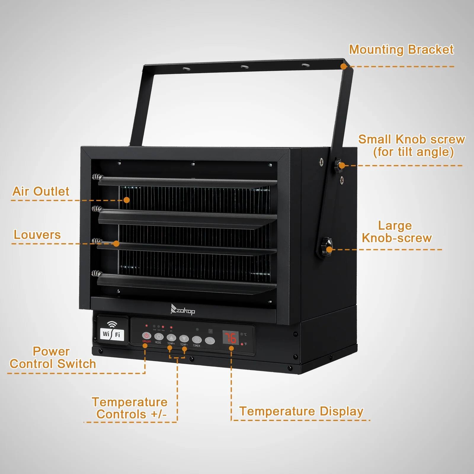 - Mounting Bracket
- Small Knob screw (for tilt angle)
- Large Knob-screw
- Air Outlet
- Louvers
- Power Control Switch
- Temperature Controls +/- 
- Temperature Display
- Wi-Fi