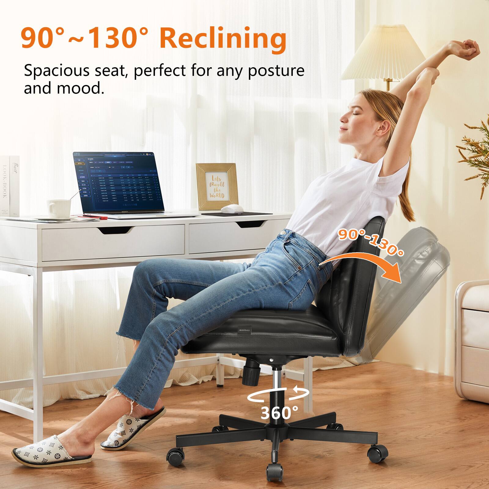 90° ~130° Reclining
Spacious seat, perfect for any posture and mood.
LOOK-BOOK
90-130
360