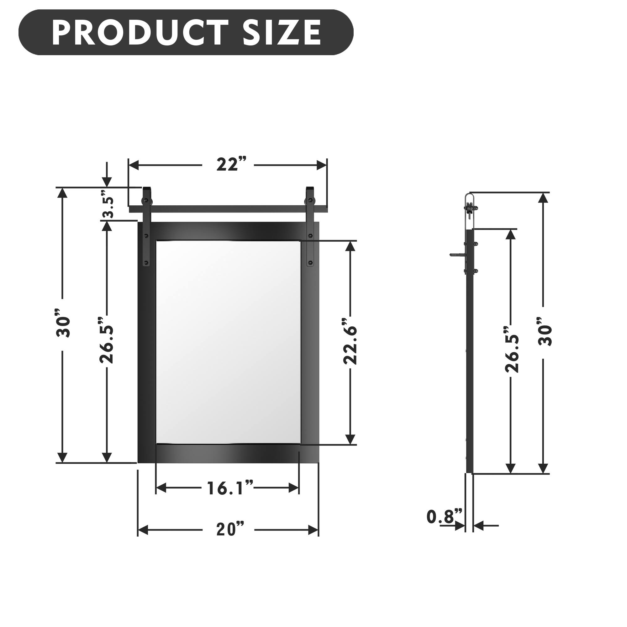 PRODUCT SIZE

- Width: 22"
- Height: 30"
- Depth: 20"
- Vertical Height: 26.5"
- Vertical Height (with extension): 30"
- Side Height: 13.5"
- Side Height (with extension): 22.6"
- Thickness: 0.8"