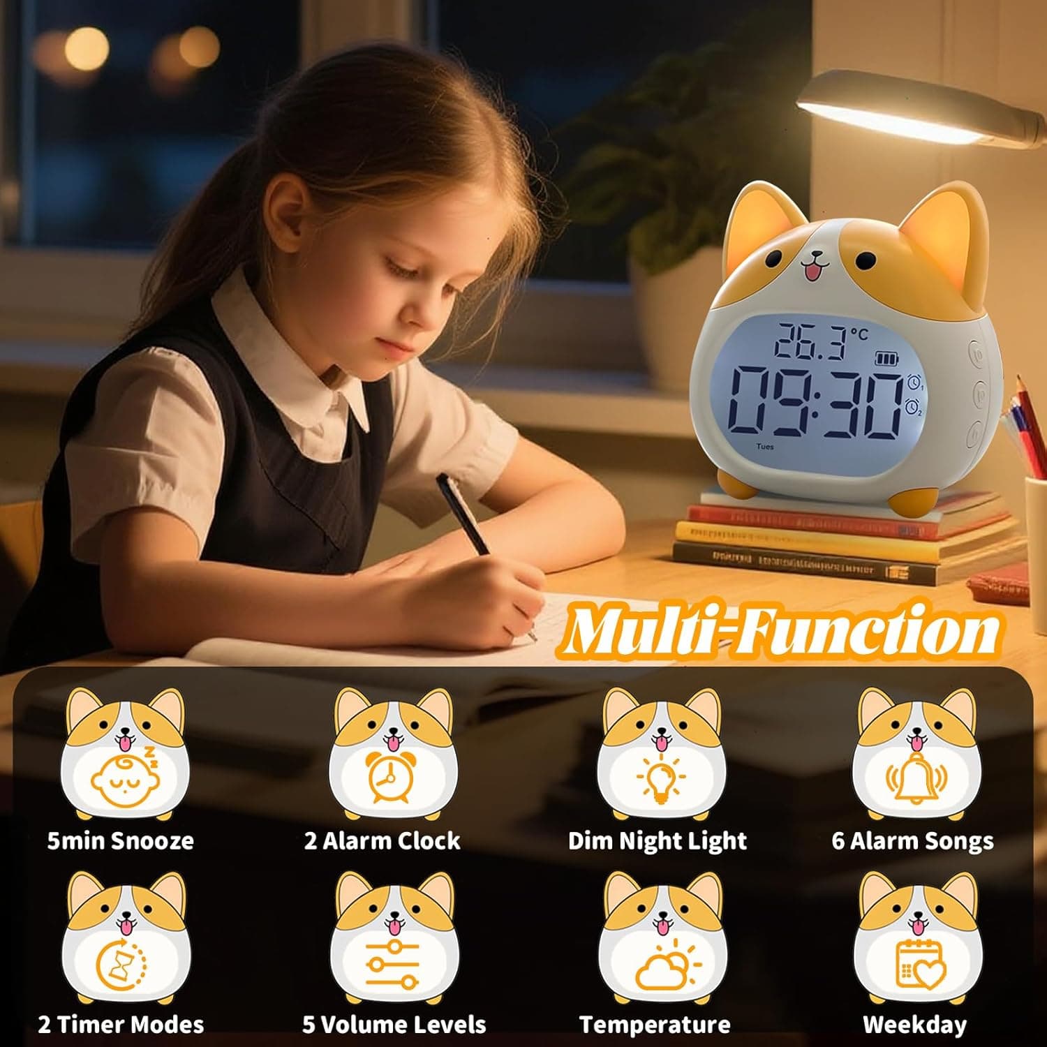 26.3°C  
09:30  
Tue ET  

Multi-Function  
- 5min Snooze  
- 2 Alarm Clock  
- Dim Night Light  
- 6 Alarm Songs  
- 2 Timer Modes  
- 5 Volume Levels  
- Temperature  
- Weekday