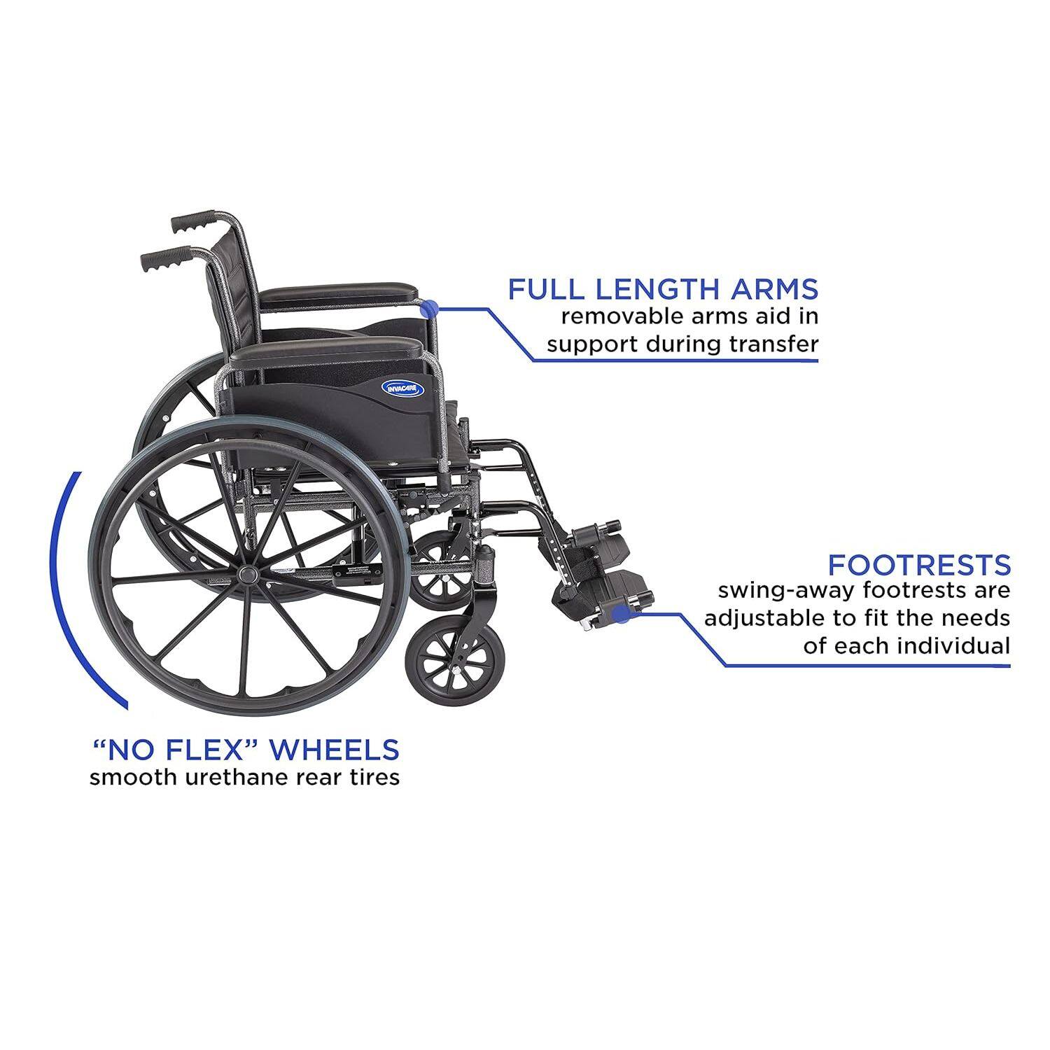 FULL LENGTH ARMS  
removable arms aid in support during transfer

FOOTRESTS  
swing-away footrests are adjustable to fit the needs of each individual

"NO FLEX" WHEELS  
smooth urethane rear tires