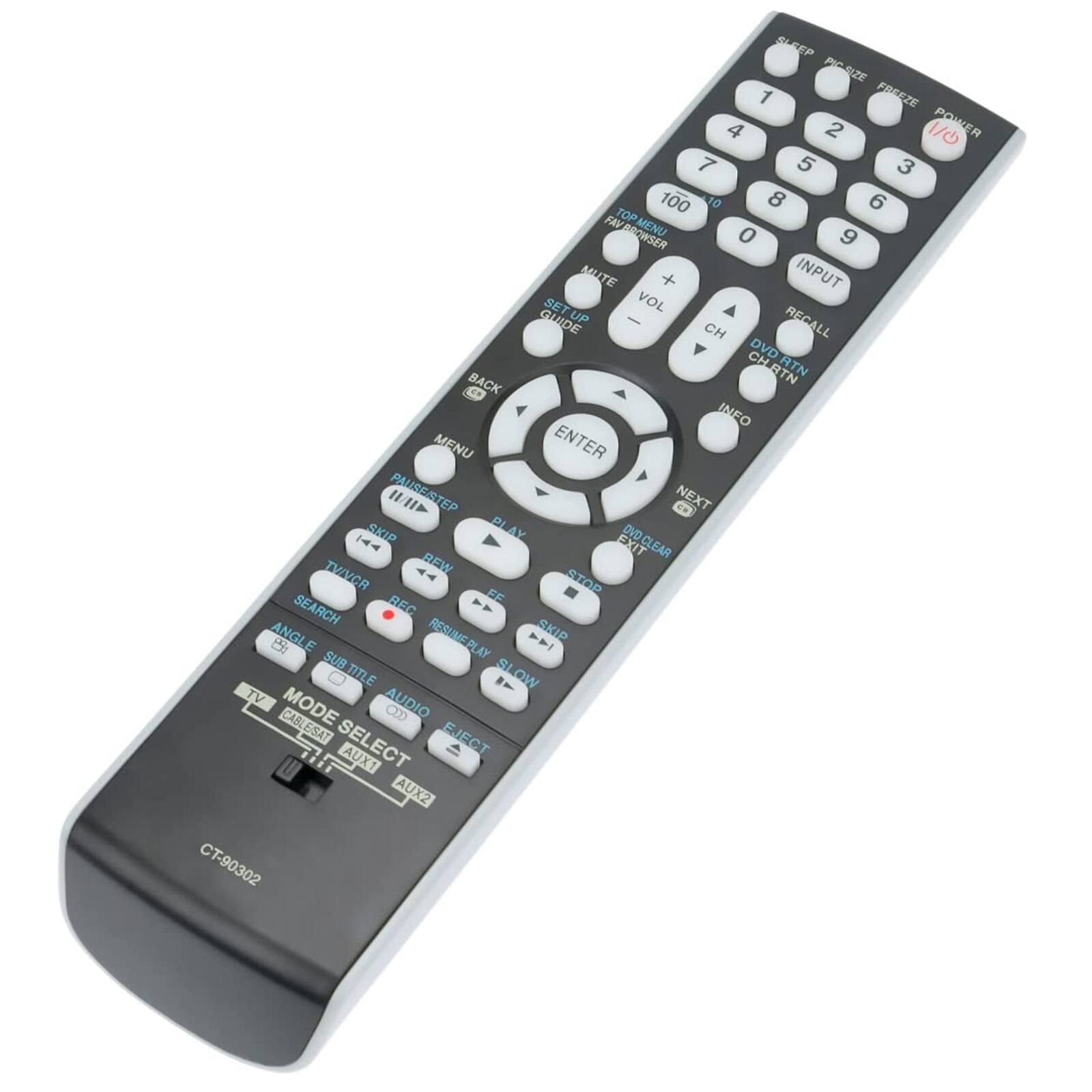 SLEEP PIC SIZE 1 FREEZE 4 2 1/0 POWER 7 5 3 100 10 8 6 FAV TOP BROWSER MENU 0 9 MUTE + INPUT SET VOL GUIDE CH RECALL DVD CH.RTN RTN BACK INFO MENU ENTER PAUSE/STEP PI NEXT SKIP PLAY EXIT TV/VCR REW FF STOP SEARCH REC 81 ANGLE RESUME PLAY SKIP SUB SI TITLE OW TV MODE AUDIO CABLE/SAT CABLE/SAT SELECT AUX1 EJECT AUX2 CT-90302