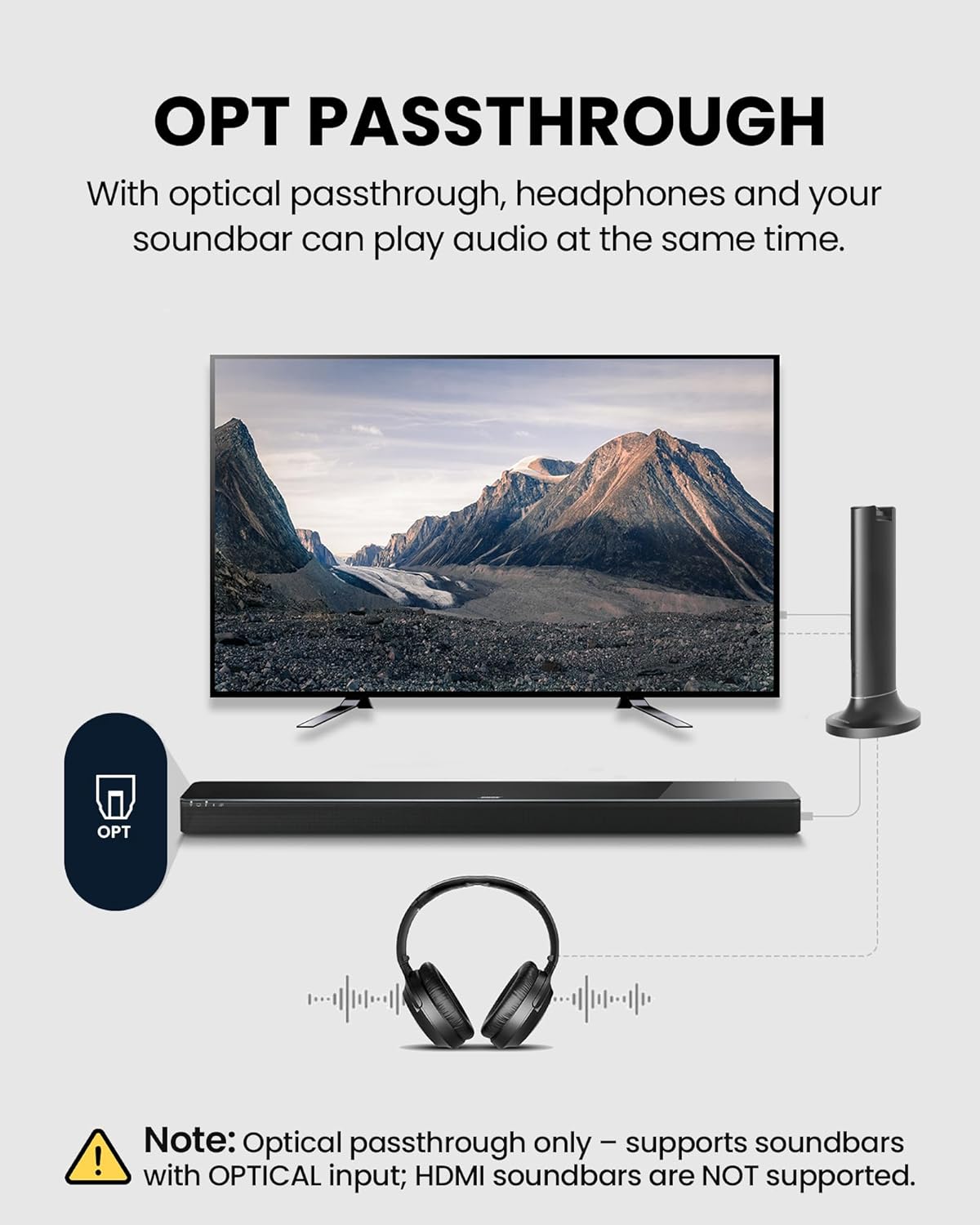 OPT PASTHROUGH

With optical passthrough, headphones and your soundbar can play audio at the same time.

Note: Optical passthrough only supports soundbars with OPTICAL input; HDMI soundbars are NOT supported.