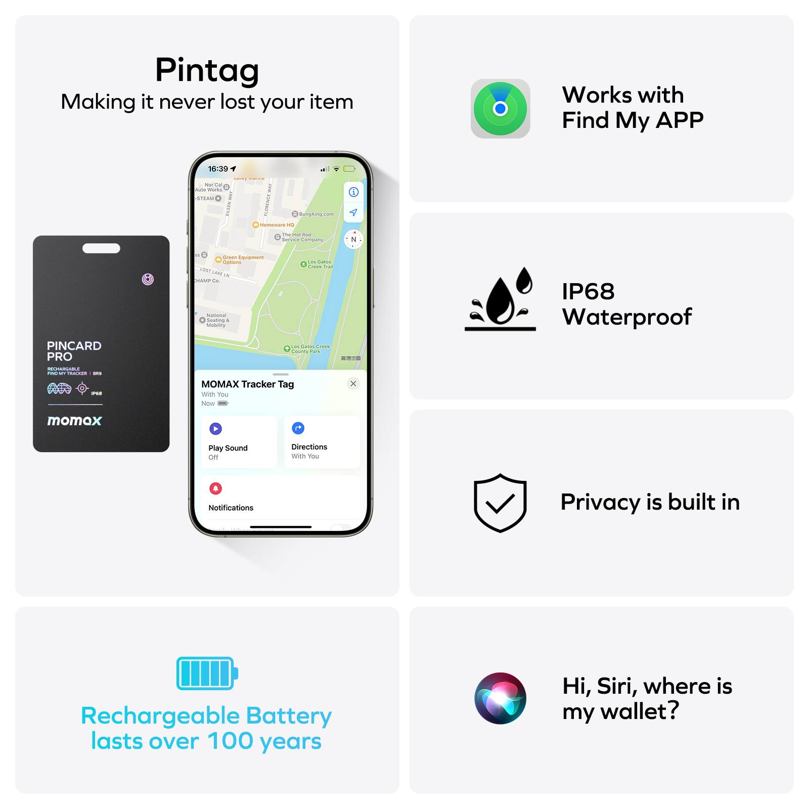 Pintag: Making it never lost your item. Works with Find My App.

1. Rechargeable Battery: lasts over 100 years.
2. IP68 Waterproof: momox 14 Play Sound on Directions with Notifications.
3. Privacy is built in.
4. Hi, Siri, where is my wallet?