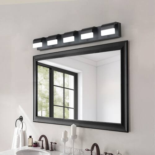 Angle. LUCKY ONE - 5-Light Black LED Vanity Light, Wall Mount Bathroom Fixture Over Mirror with Acrylic Shades - Black.