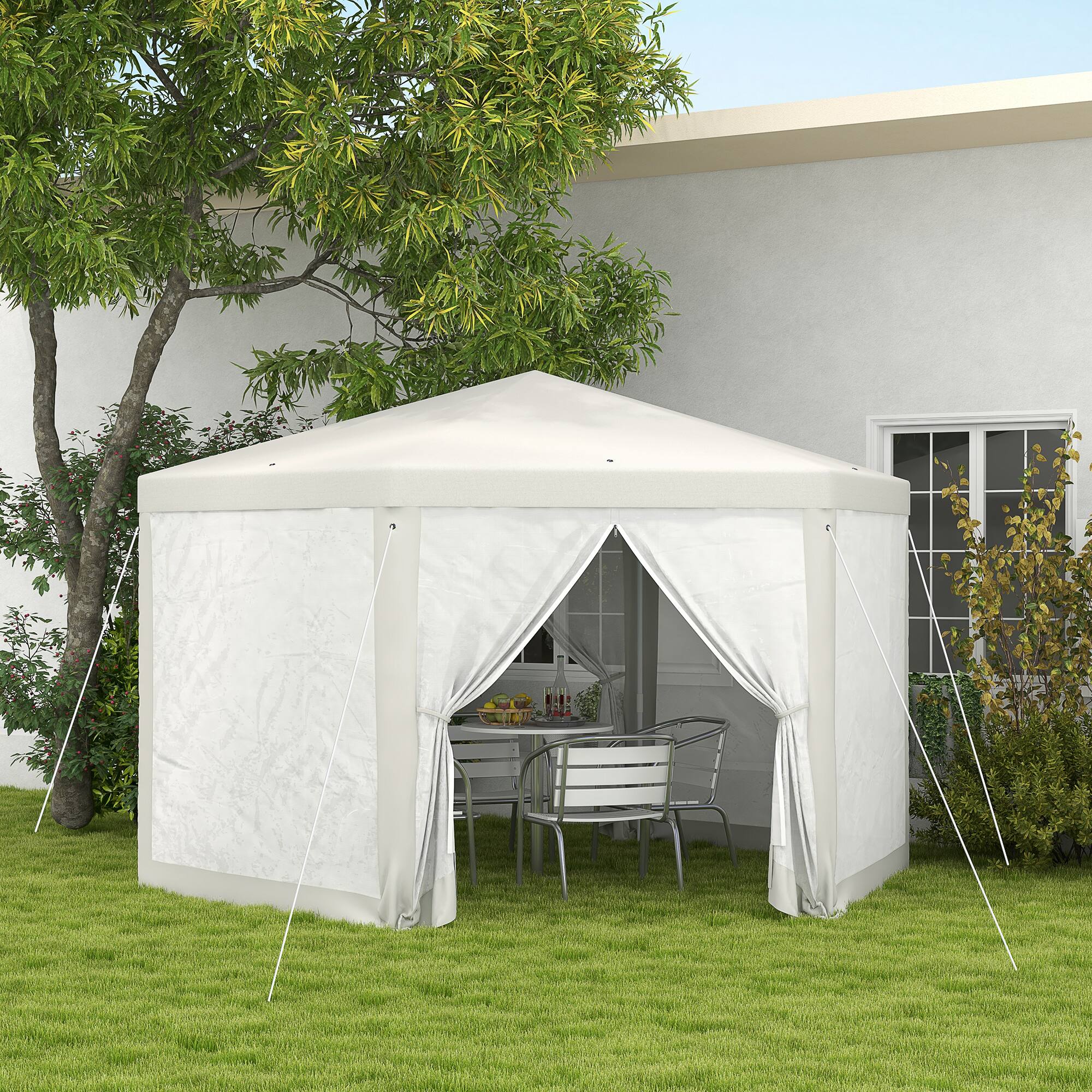 Alt View 1. Outsunny - 13' x 11' Outdoor Party Tent, Hexagon Sun Shade Shelter Canopy with Protective Mesh Screen Sidewalls, Ropes & Stakes - Cream White.