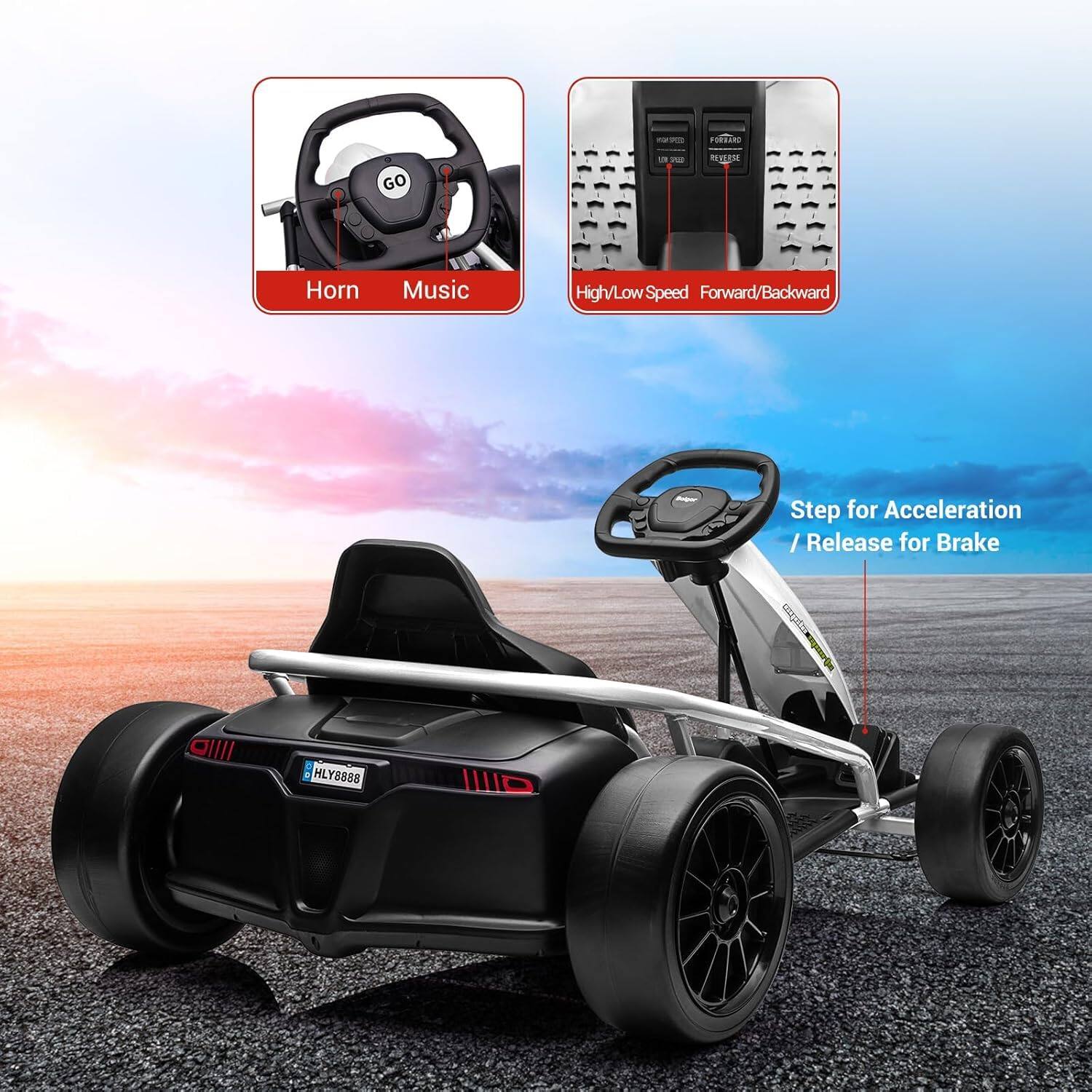 - Horn
- Music

- High/Low Speed
- Forward/Backward

- Step for Acceleration / Release for Brake

- HLY8888