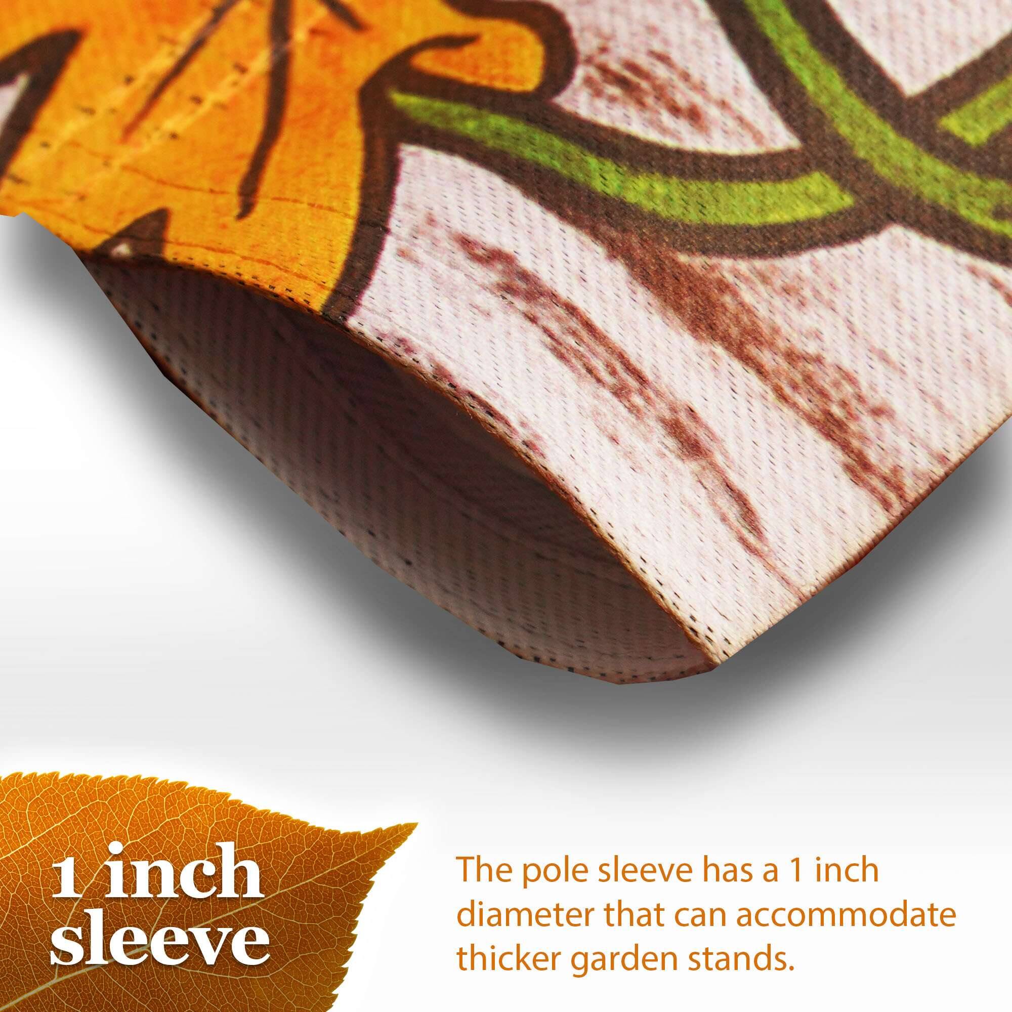 1 inch sleeve

The pole sleeve has a 1 inch diameter that can accommodate thicker garden stands.