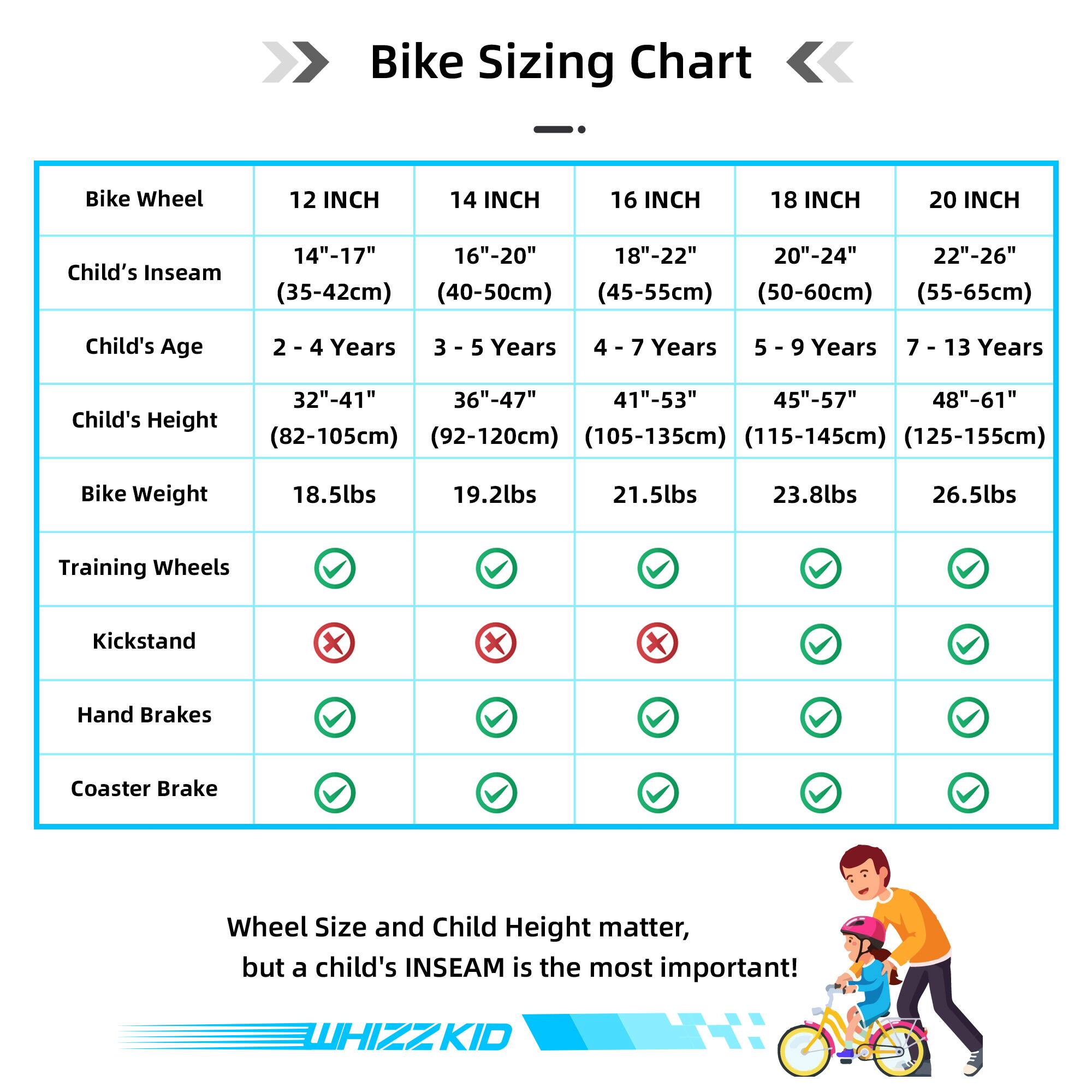 Bike Sizing Chart

Bike Wheel | 12 INCH | 14 INCH | 16 INCH | 18 INCH | 20 INCH
--- | --- | --- | --- | --- | ---
Child's Inseam | 14"-17" (35-42cm) | 16"-20" (40-50cm) | 18"-22" (45-55cm) | 20"-24" (50-60cm) | 22"-26" (55-65cm)
Child's Age | 2 - 4 Years | 3 - 5 Years | 4 - 7 Years | 5 - 9 Years | 7 - 13 Years
Child's Height | 32"-41" (82-105cm) | 36"-47" (92-120cm) | 41"-53" (105-135cm) | 45"-57" (115-145cm) | 48"-61
