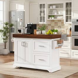 Forest'nSky - 53" Large Kitchen Island with 3.5" Thick Desktop – Rolling Cart with 5 Wheels, 2 Extra-Large Drawers - White